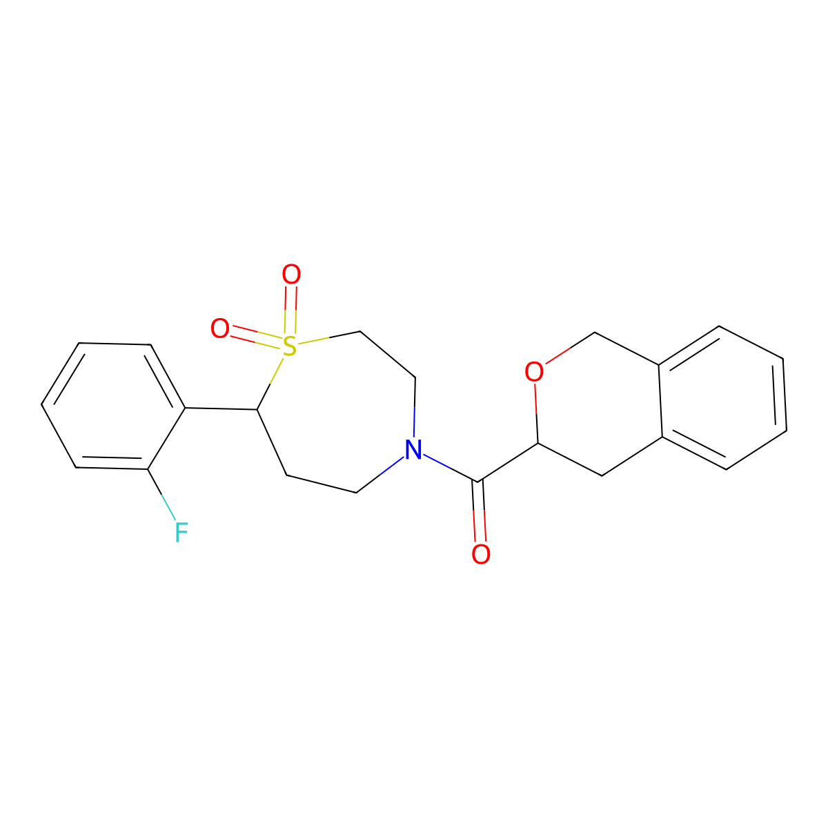 (7-(2-Fluorophenyl)-1,1-dioxido-1,4-thiazepan-4-yl)(isochroman-3-yl)methanone molecular structure, CAS 2034530-26-0