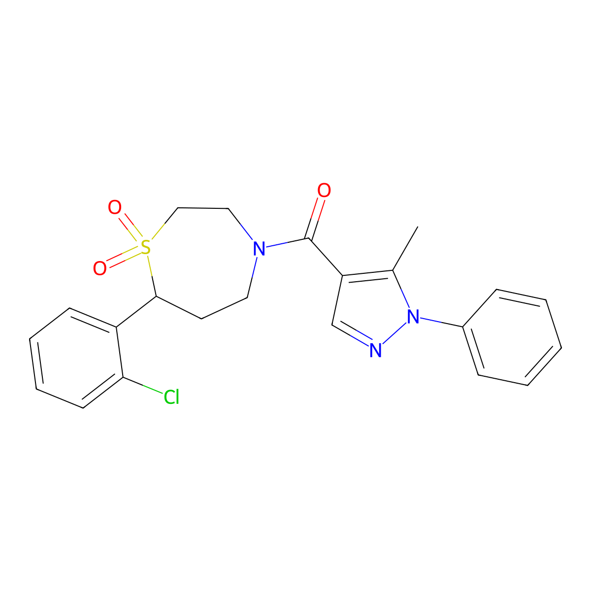 (7-(2-chlorophenyl)-1,1-dioxido-1,4-thiazepan-4-yl)(5-methyl-1-phenyl-1H-pyrazol-4-yl)methanone molecular structure, CAS 2034530-60-2