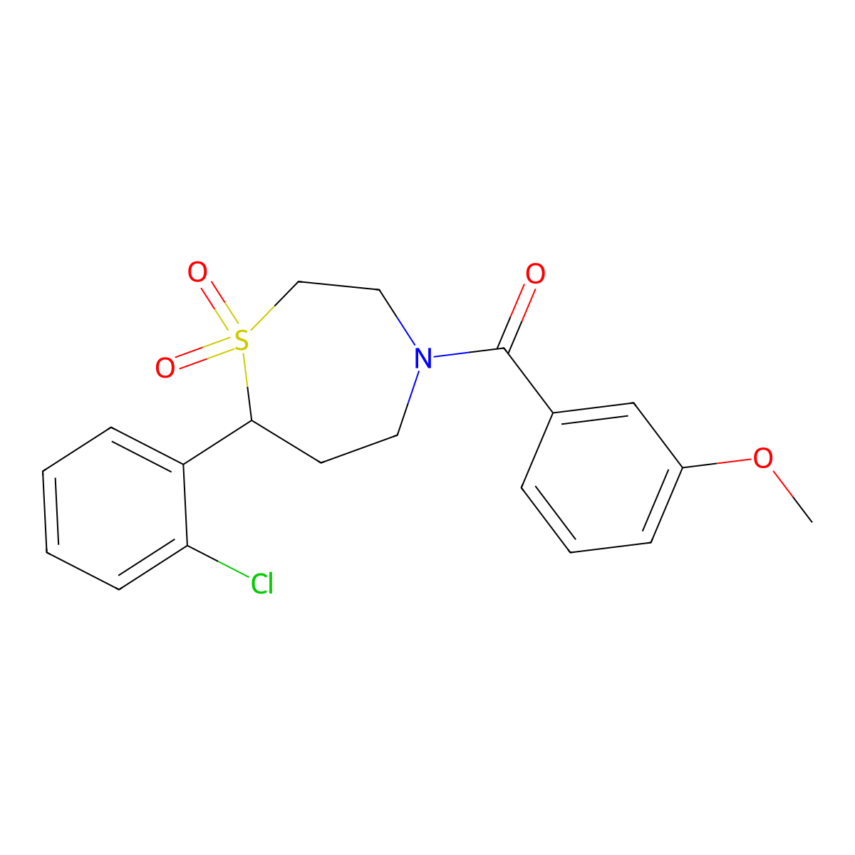 (7-(2-Chlorophenyl)-1,1-dioxido-1,4-thiazepan-4-yl)(3-methoxyphenyl)methanone molecular structure, CAS 2034530-67-9