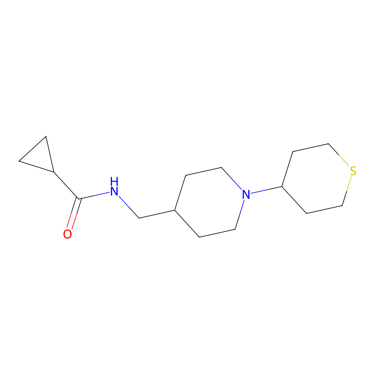 N-((1-(tetrahydro-2H-thiopyran-4-yl)piperidin-4-yl)methyl)cyclopropanecarboxamide molecular structure, CAS 2034530-69-1