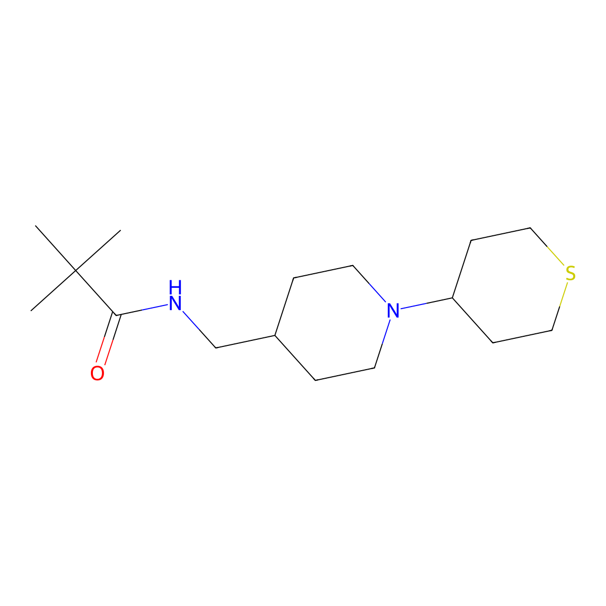 N-((1-(tetrahydro-2H-thiopyran-4-yl)piperidin-4-yl)methyl)pivalamide molecular structure, CAS 2034530-78-2
