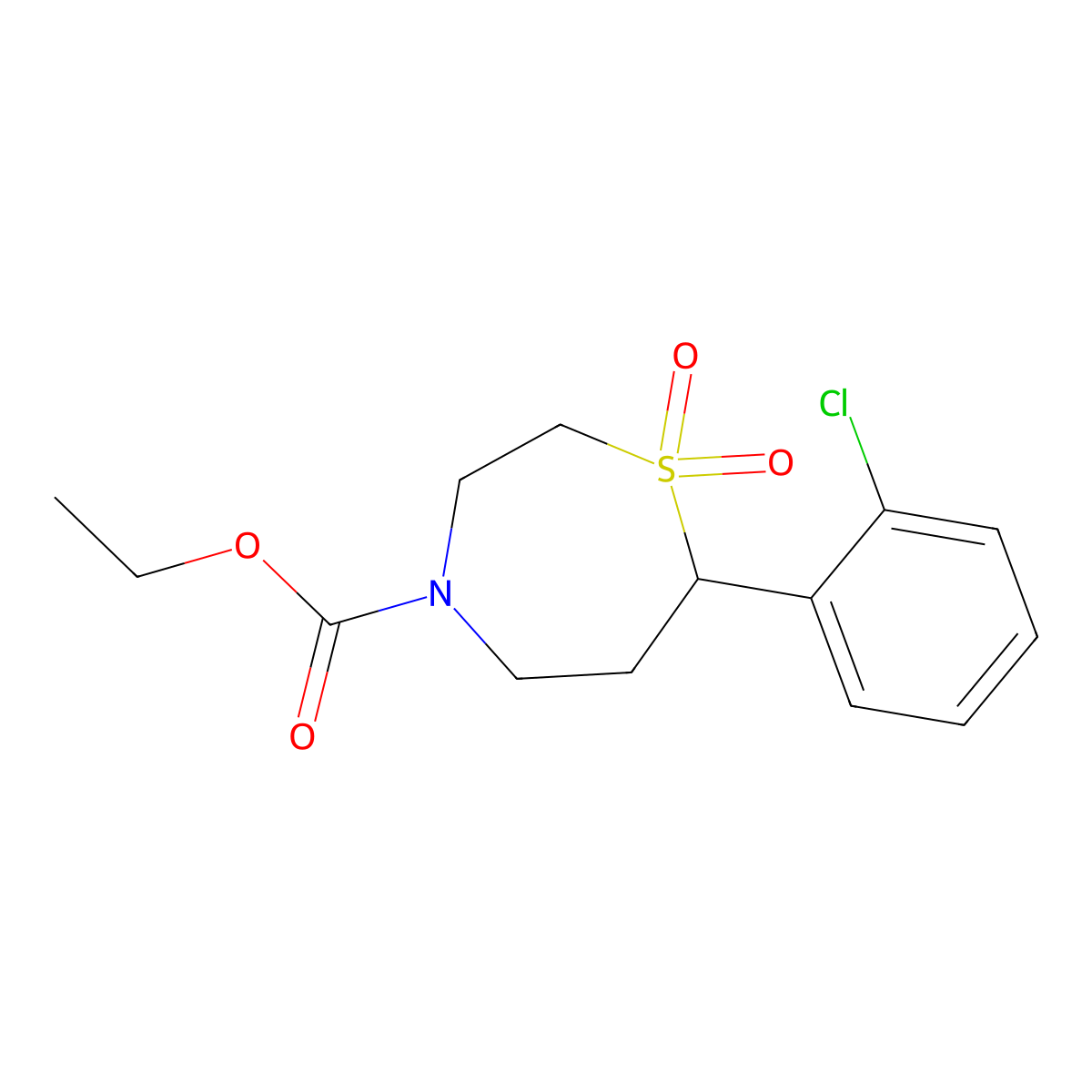 Ethyl 7-(2-chlorophenyl)-1,4-thiazepane-4-carboxylate 1,1-dioxide molecular structure, CAS 2034530-80-6