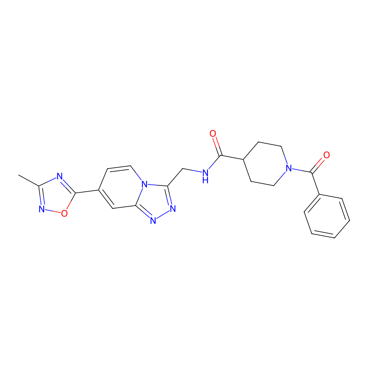 1-benzoyl-N-((7-(3-methyl-1,2,4-oxadiazol-5-yl)-[1,2,4]triazolo[4,3-a]pyridin-3-yl)methyl)piperidine-4-carboxamide molecular structure, CAS 2034530-82-8