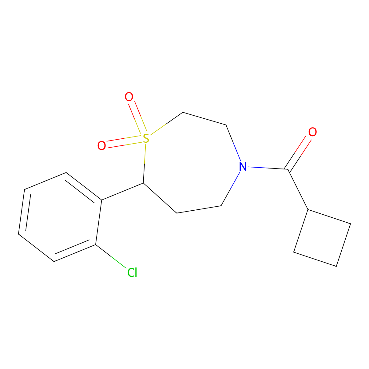 (7-(2-Chlorophenyl)-1,1-dioxido-1,4-thiazepan-4-yl)(cyclobutyl)methanone molecular structure, CAS 2034530-84-0
