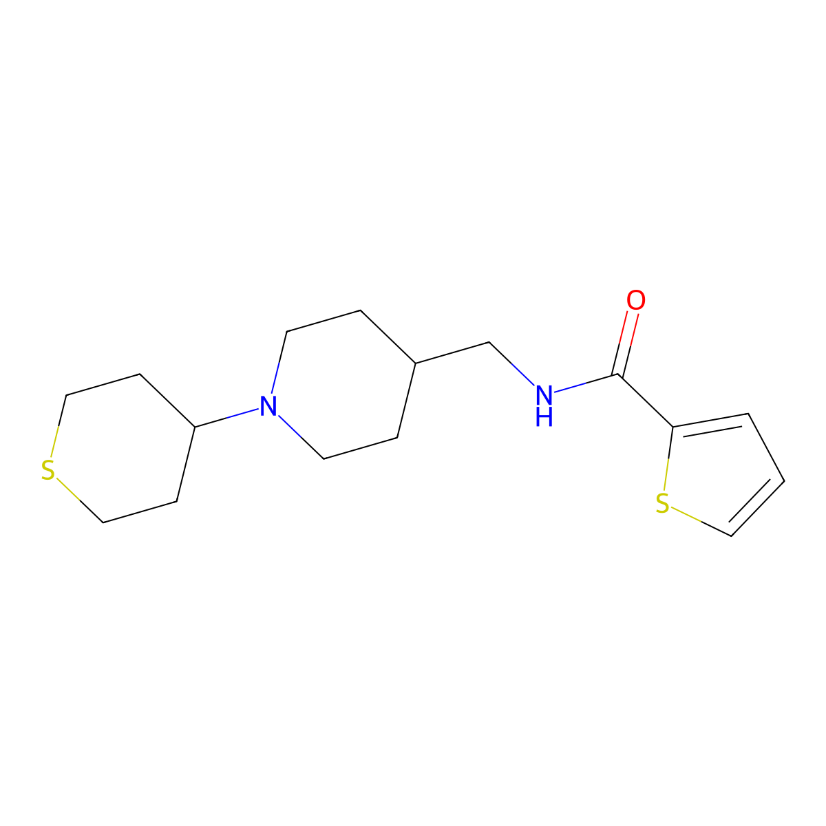 N-((1-(tetrahydro-2H-thiopyran-4-yl)piperidin-4-yl)methyl)thiophene-2-carboxamide molecular structure, CAS 2034530-85-1