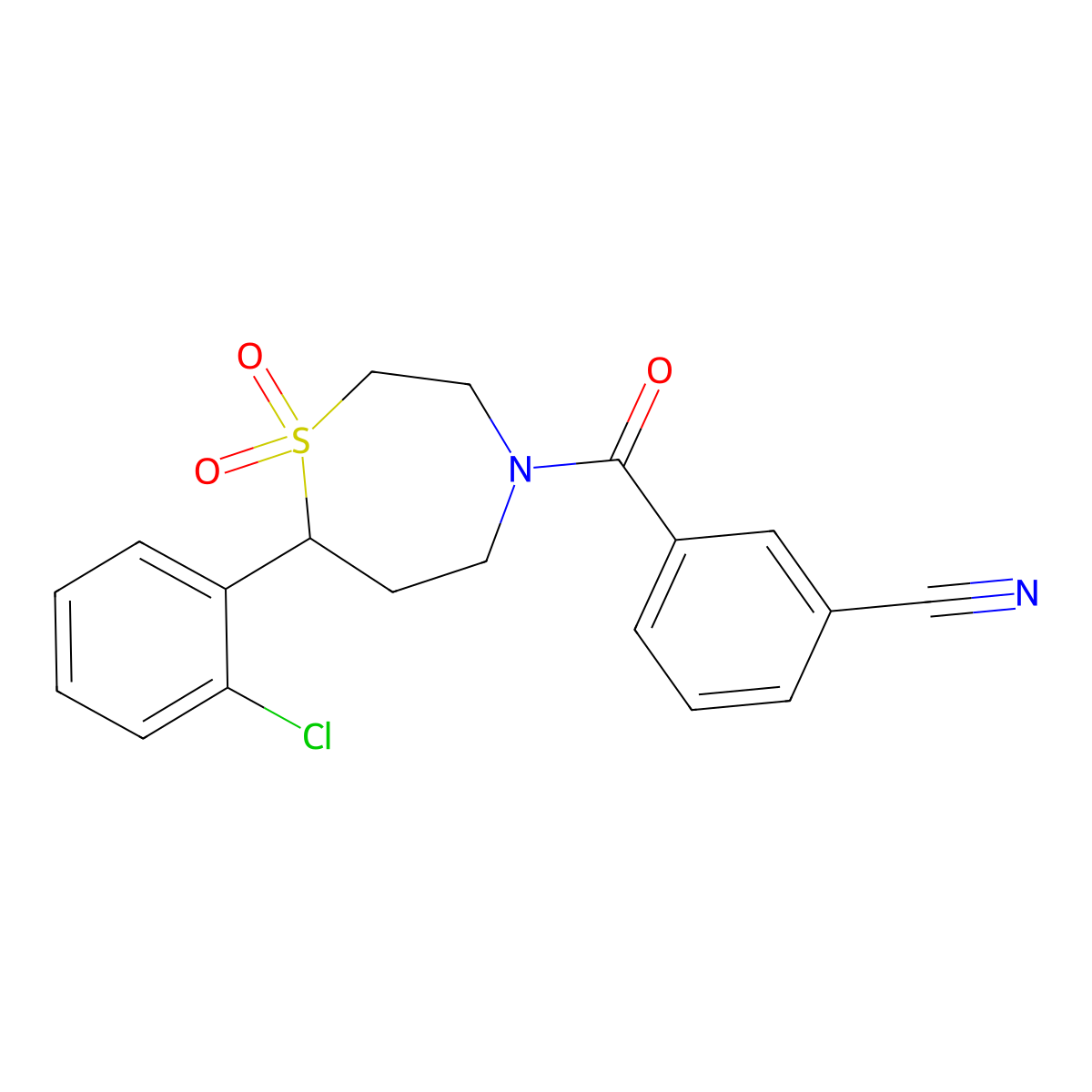 3-(7-(2-Chlorophenyl)-1,1-dioxido-1,4-thiazepane-4-carbonyl)benzonitrile molecular structure, CAS 2034530-90-8