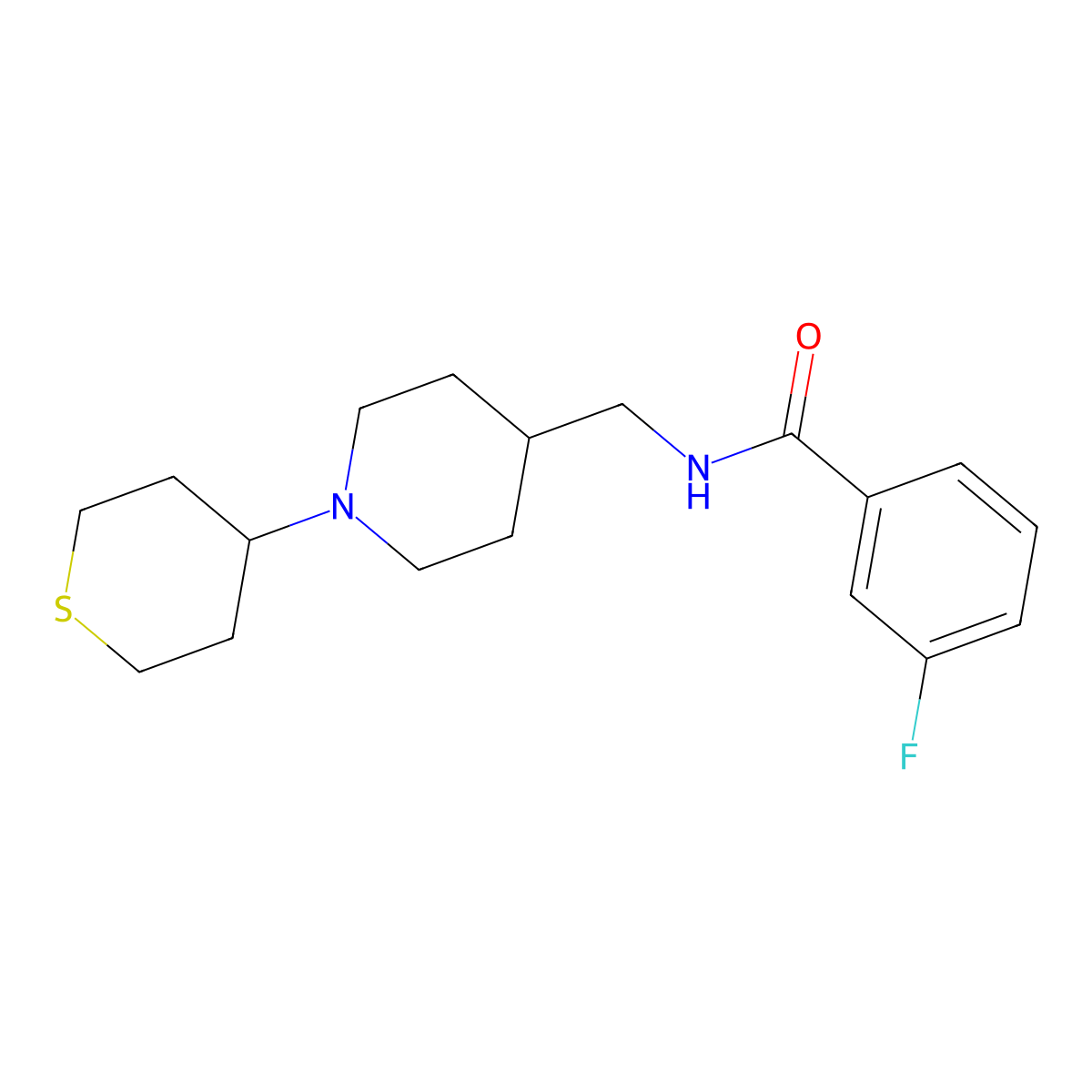 3-fluoro-N-((1-(tetrahydro-2H-thiopyran-4-yl)piperidin-4-yl)methyl)benzamide molecular structure, CAS 2034530-92-0
