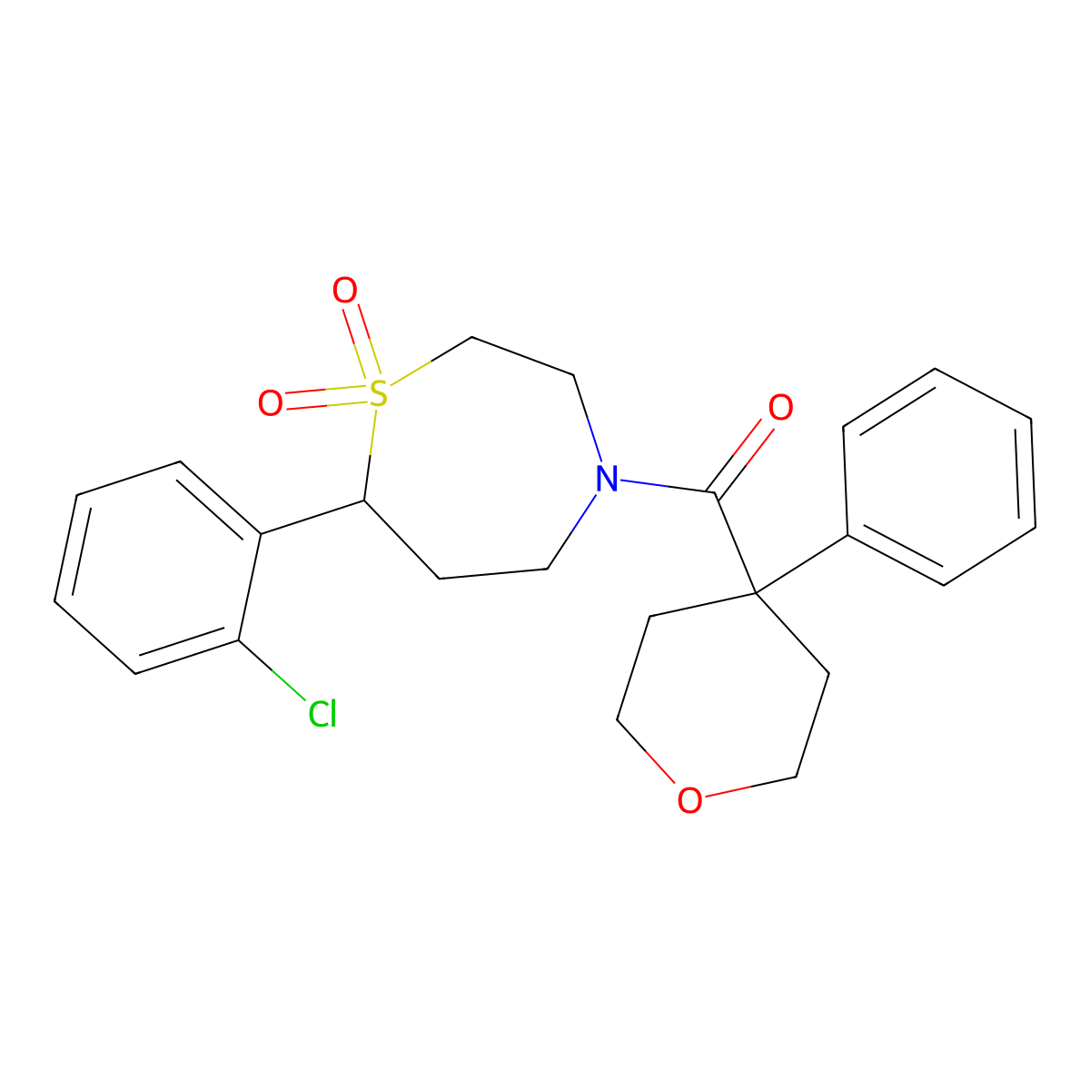 (7-(2-chlorophenyl)-1,1-dioxido-1,4-thiazepan-4-yl)(4-phenyltetrahydro-2H-pyran-4-yl)methanone molecular structure, CAS 2034530-95-3