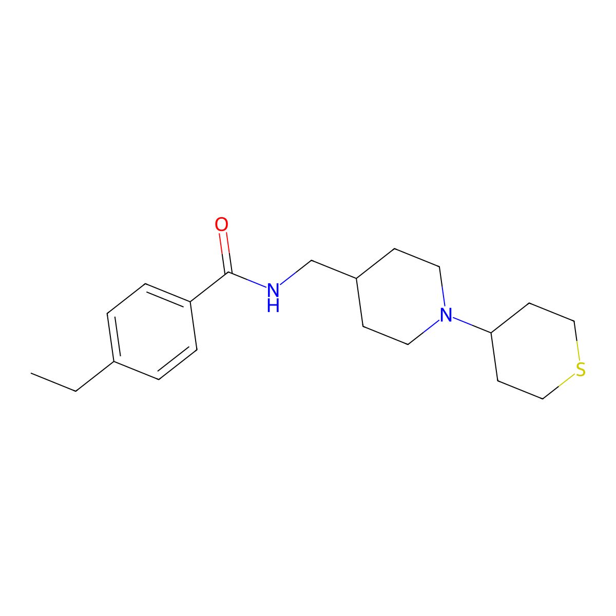 4-ethyl-N-((1-(tetrahydro-2H-thiopyran-4-yl)piperidin-4-yl)methyl)benzamide molecular structure, CAS 2034531-01-4
