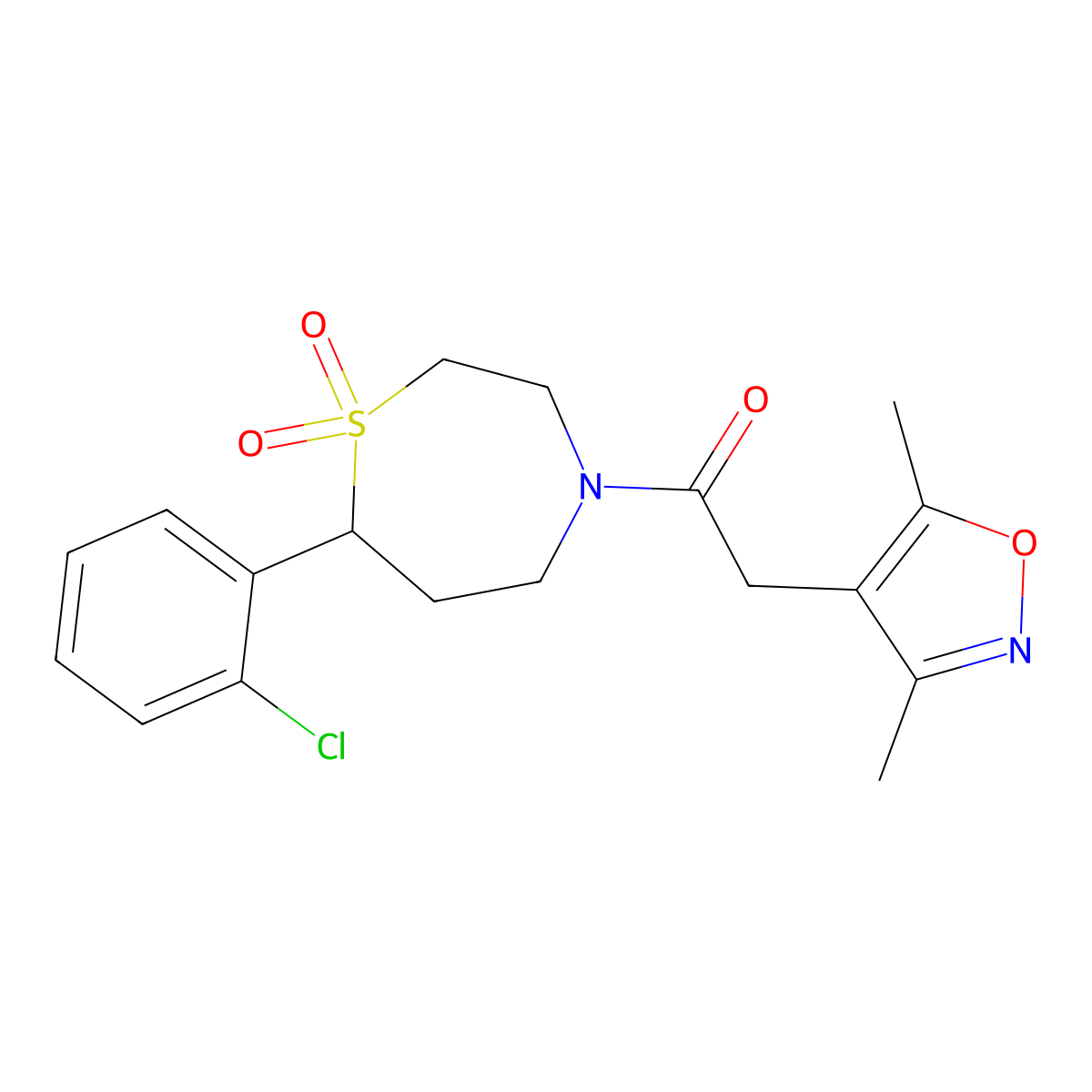 1-(7-(2-Chlorophenyl)-1,1-dioxido-1,4-thiazepan-4-yl)-2-(3,5-dimethylisoxazol-4-yl)ethanone molecular structure, CAS 2034531-03-6