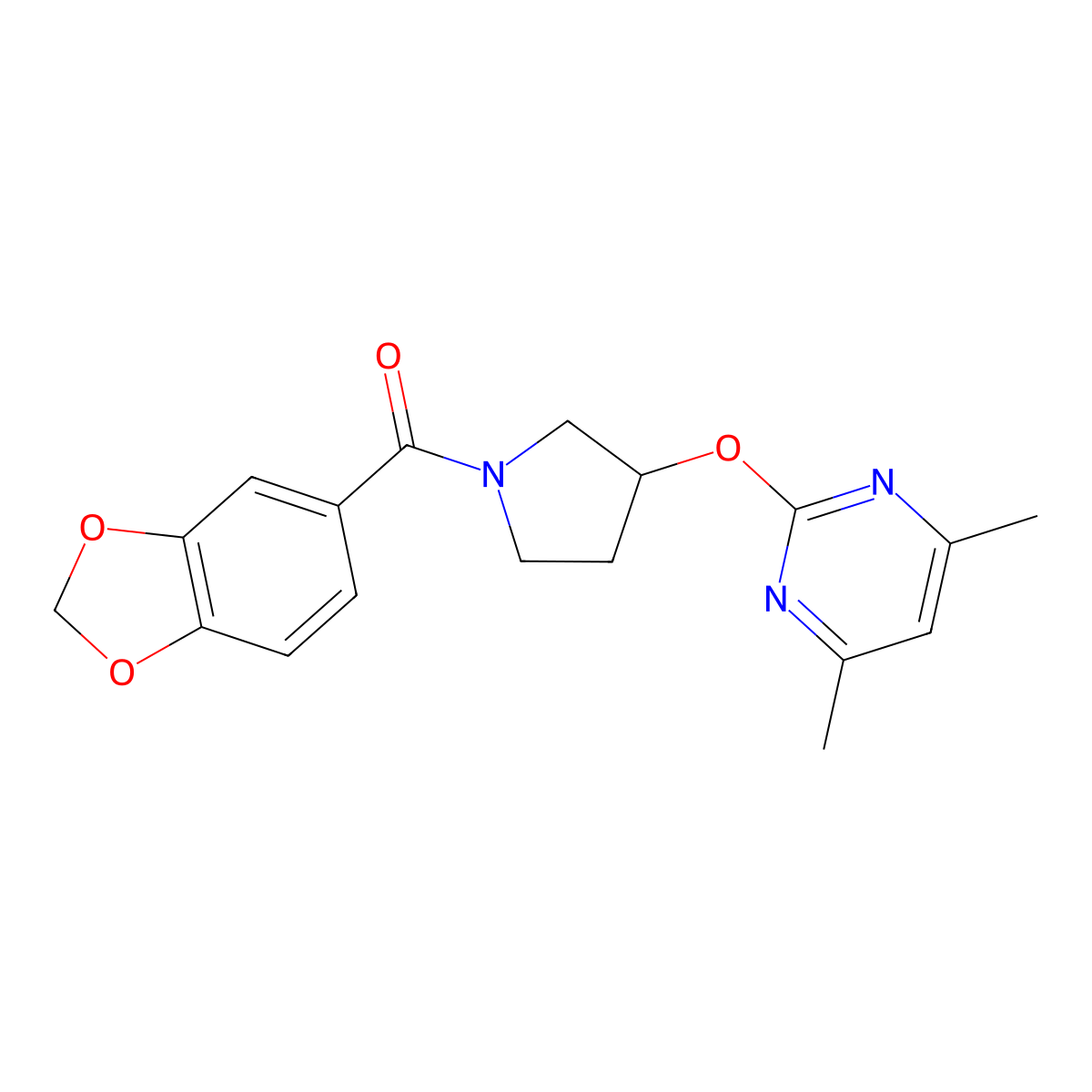 Benzo[d][1,3]dioxol-5-yl(3-((4,6-dimethylpyrimidin-2-yl)oxy)pyrrolidin-1-yl)methanone molecular structure, CAS 2034531-05-8
