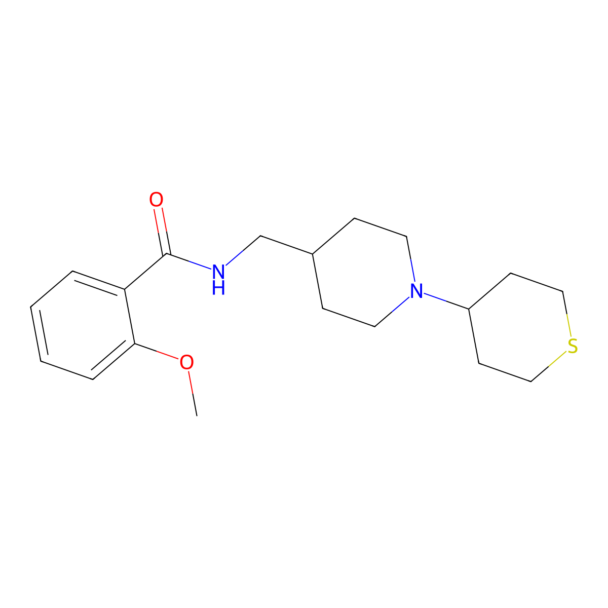 2-methoxy-N-((1-(tetrahydro-2H-thiopyran-4-yl)piperidin-4-yl)methyl)benzamide molecular structure, CAS 2034531-10-5