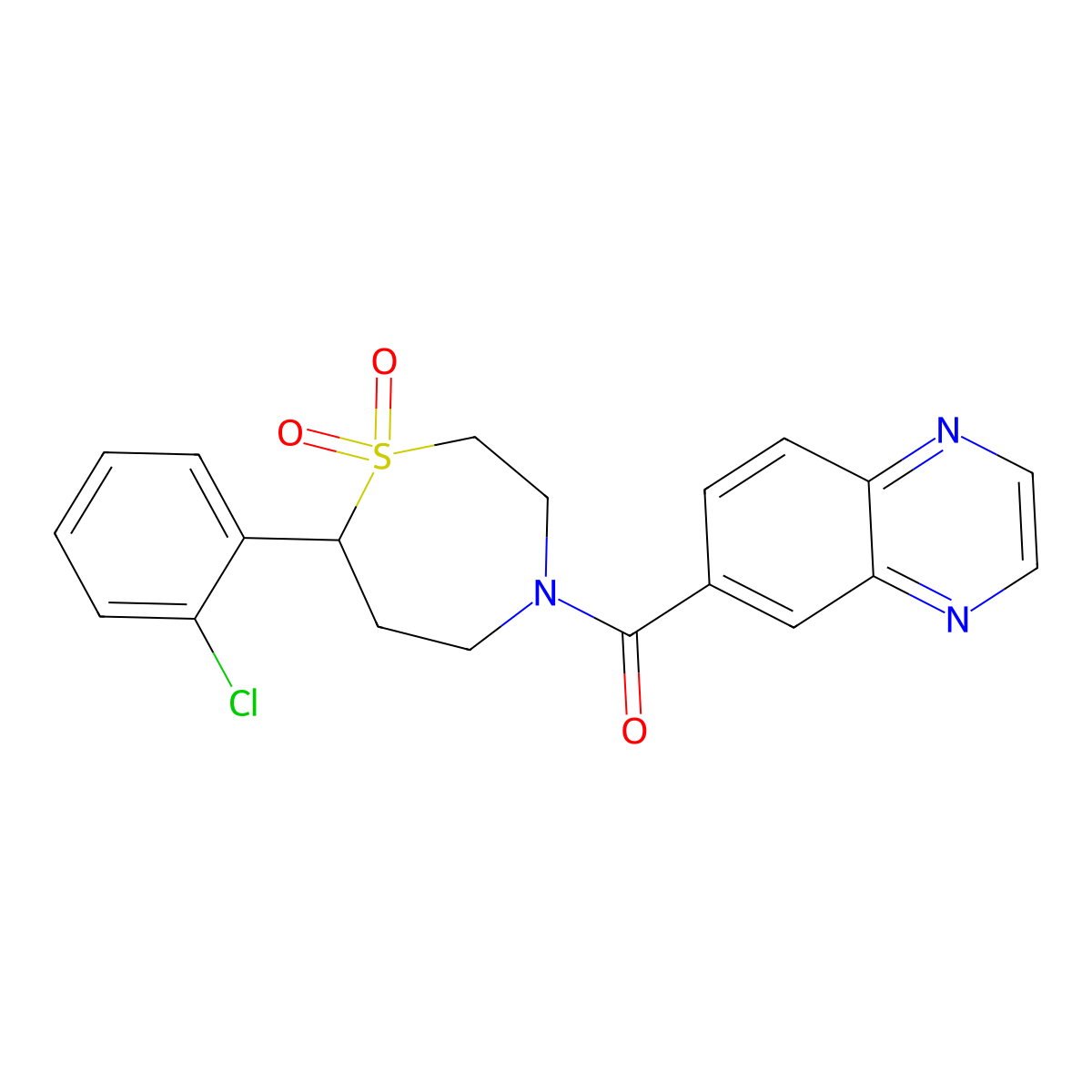 (7-(2-Chlorophenyl)-1,1-dioxido-1,4-thiazepan-4-yl)(quinoxalin-6-yl)methanone molecular structure, CAS 2034531-13-8