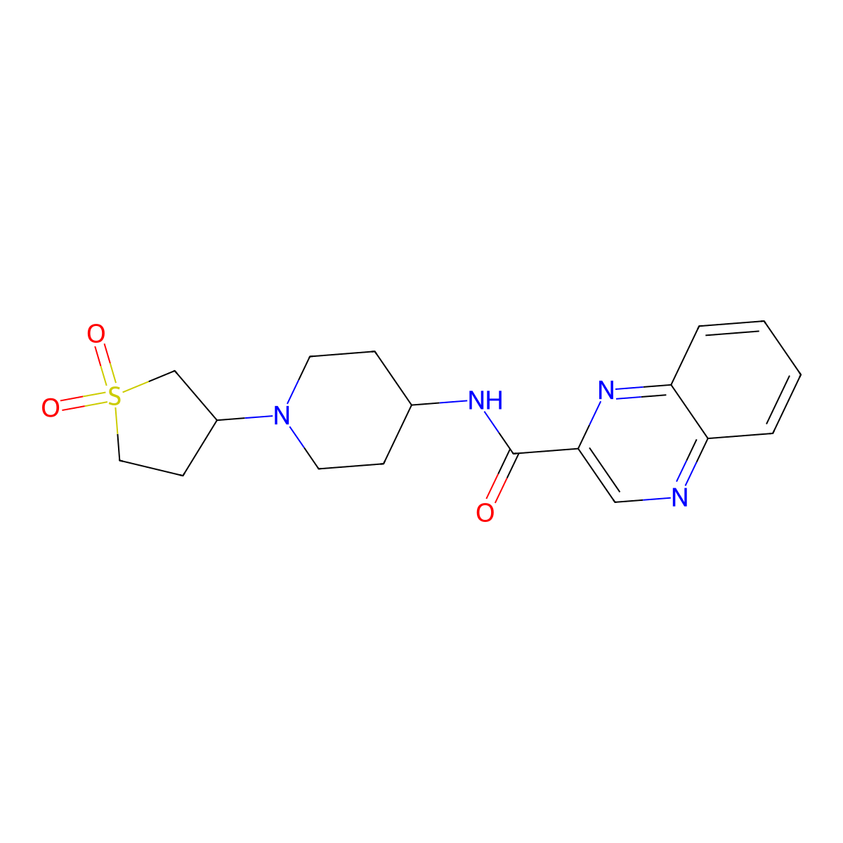 N-(1-(1,1-dioxidotetrahydrothiophen-3-yl)piperidin-4-yl)quinoxaline-2-carboxamide molecular structure, CAS 2034531-16-1
