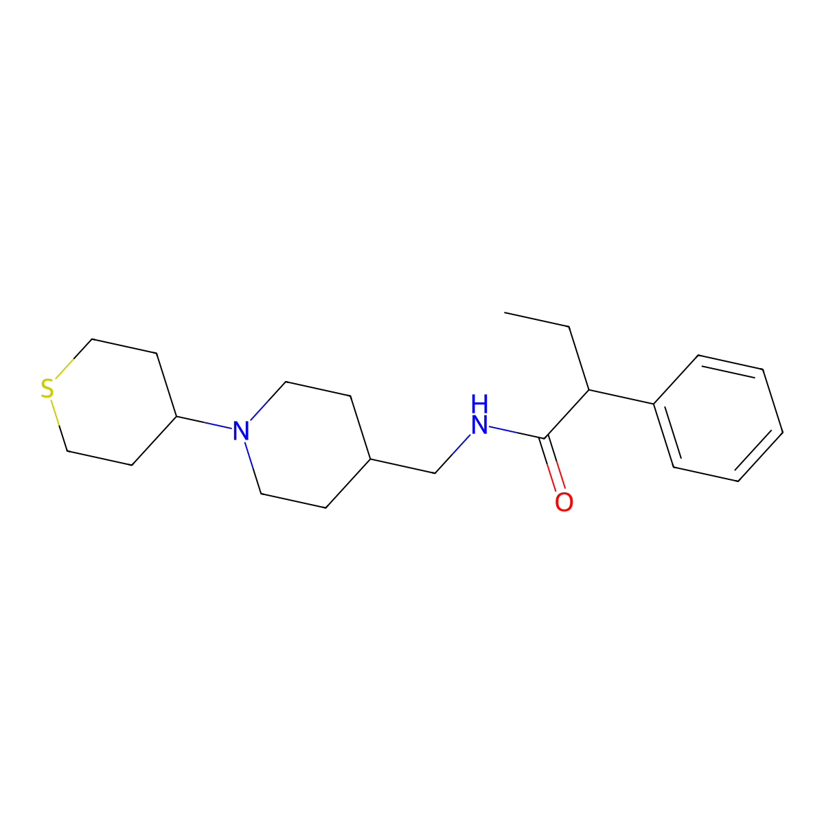 2-phenyl-N-((1-(tetrahydro-2H-thiopyran-4-yl)piperidin-4-yl)methyl)butanamide molecular structure, CAS 2034531-18-3