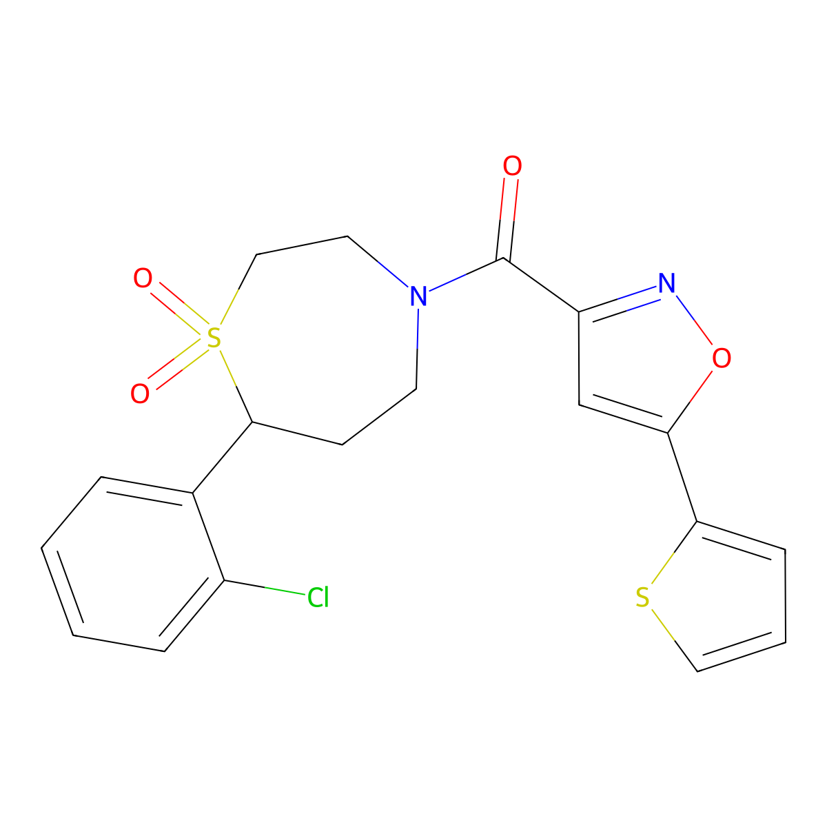(7-(2-Chlorophenyl)-1,1-dioxido-1,4-thiazepan-4-yl)(5-(thiophen-2-yl)isoxazol-3-yl)methanone molecular structure, CAS 2034531-32-1