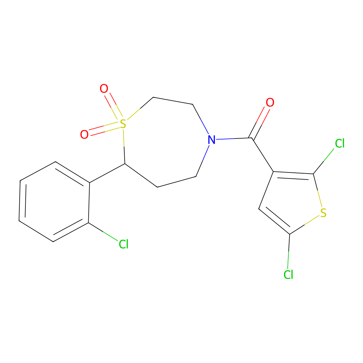 (7-(2-Chlorophenyl)-1,1-dioxido-1,4-thiazepan-4-yl)(2,5-dichlorothiophen-3-yl)methanone molecular structure, CAS 2034531-38-7