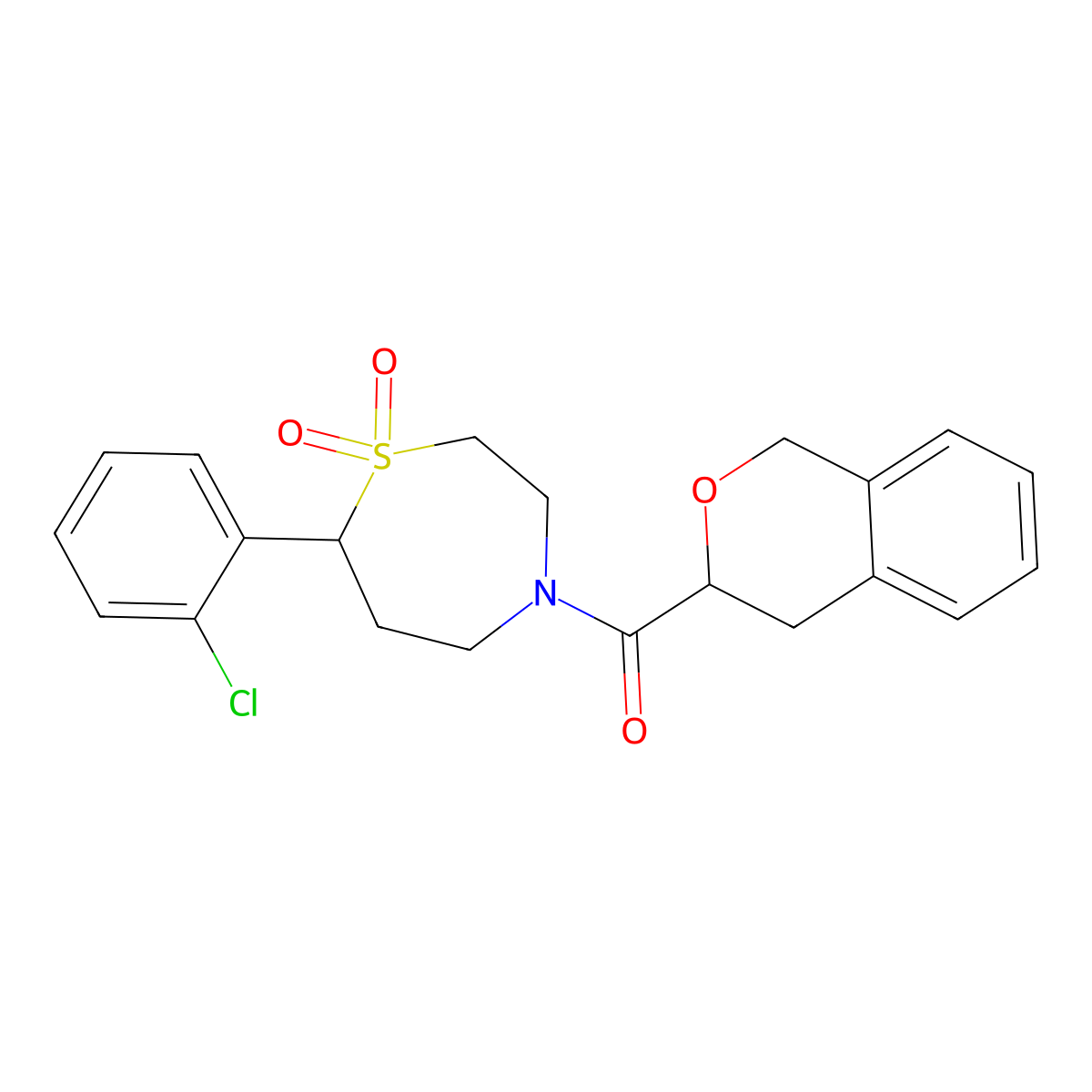(7-(2-Chlorophenyl)-1,1-dioxido-1,4-thiazepan-4-yl)(isochroman-3-yl)methanone molecular structure, CAS 2034531-49-0