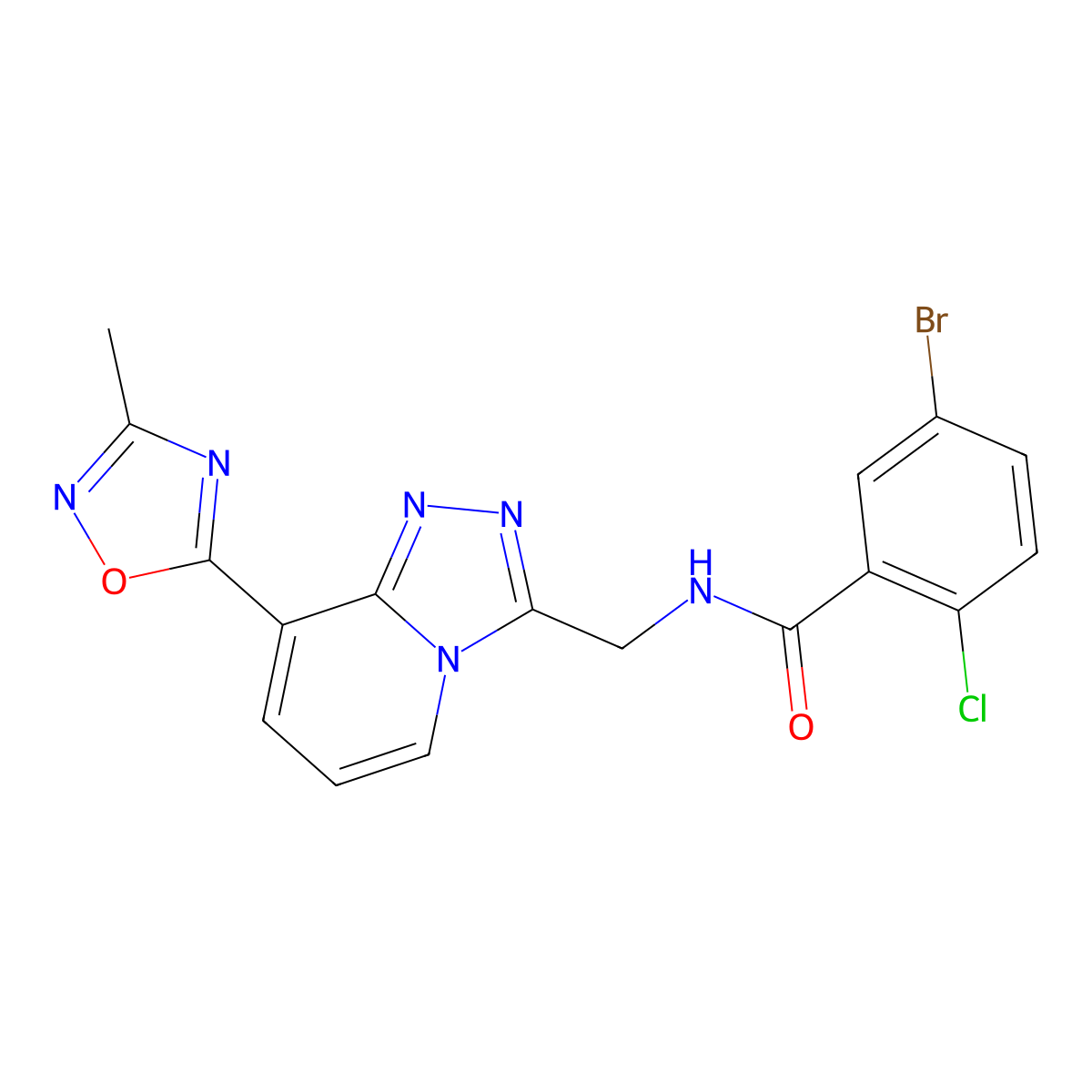5-bromo-2-chloro-N-((8-(3-methyl-1,2,4-oxadiazol-5-yl)-[1,2,4]triazolo[4,3-a]pyridin-3-yl)methyl)benzamide molecular structure, CAS 2034531-51-4