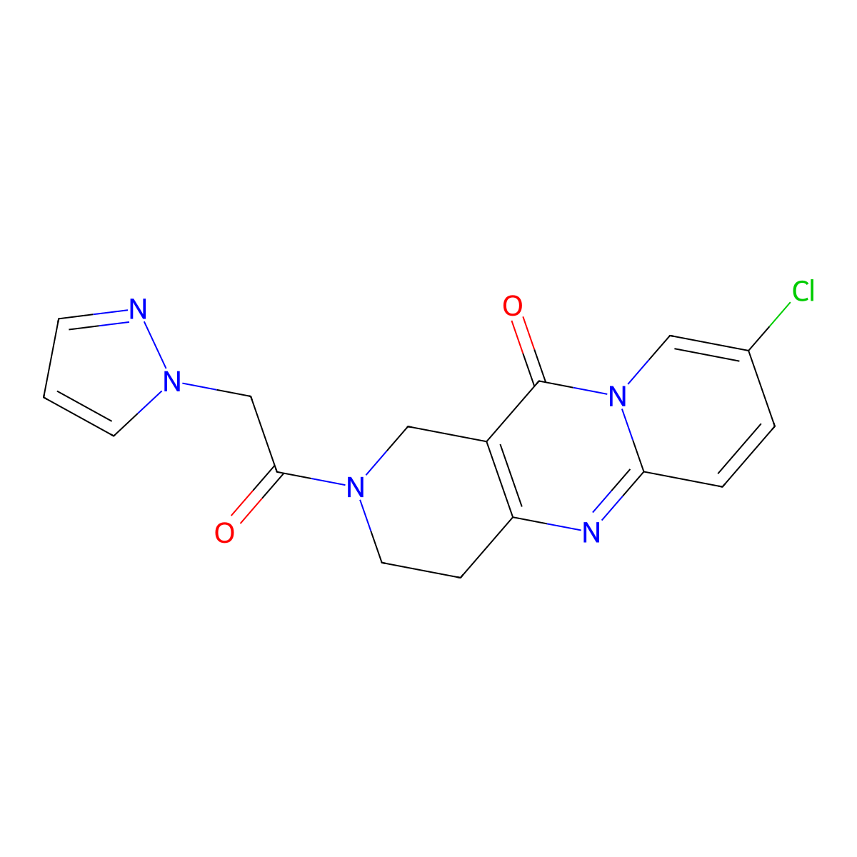 2-(2-(1H-pyrazol-1-yl)acetyl)-8-chloro-3,4-dihydro-1H-dipyrido[1,2-a:4',3'-d]pyrimidin-11(2H)-one molecular structure, CAS 2034531-58-1