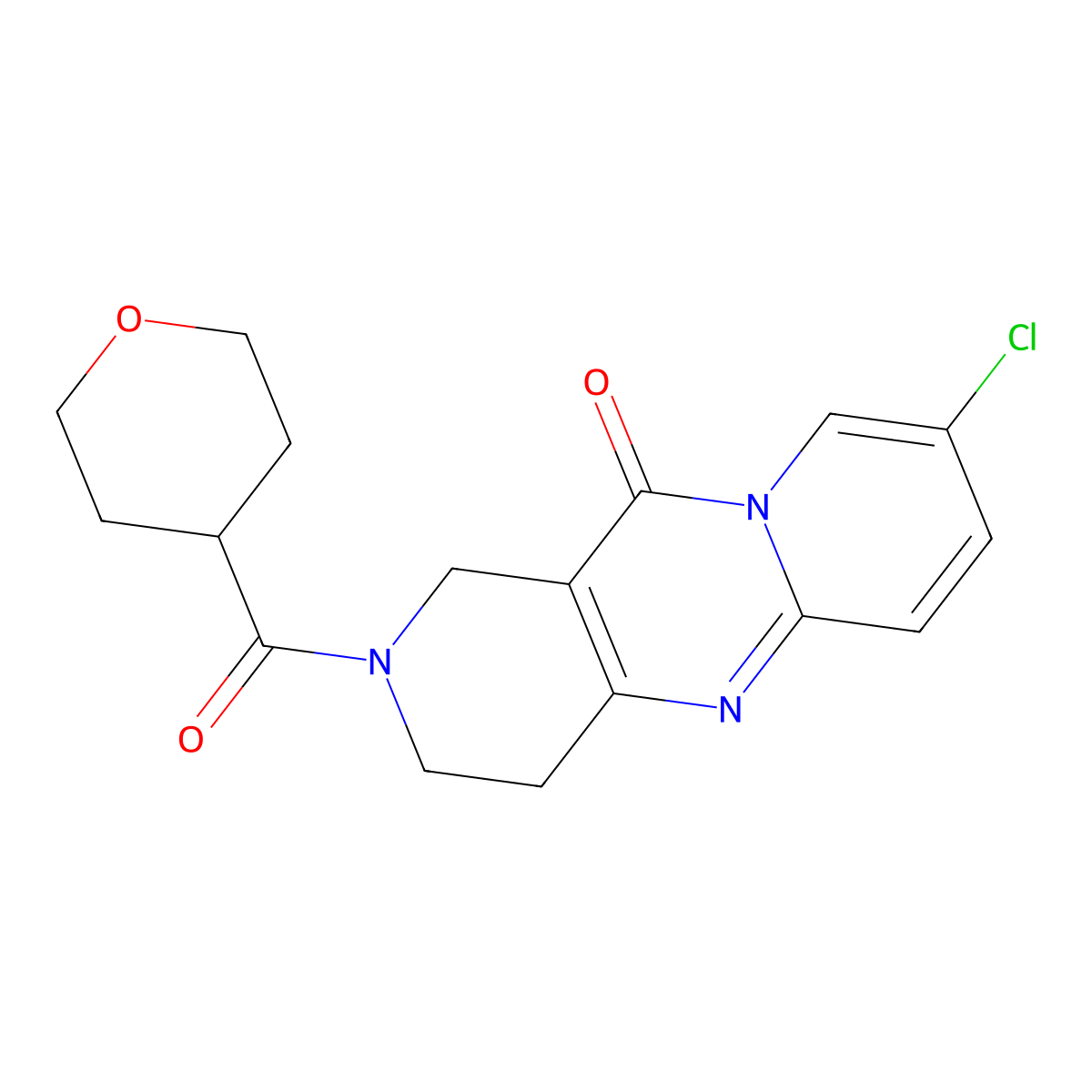 8-chloro-2-(tetrahydro-2H-pyran-4-carbonyl)-3,4-dihydro-1H-dipyrido[1,2-a:4',3'-d]pyrimidin-11(2H)-one molecular structure, CAS 2034531-71-8