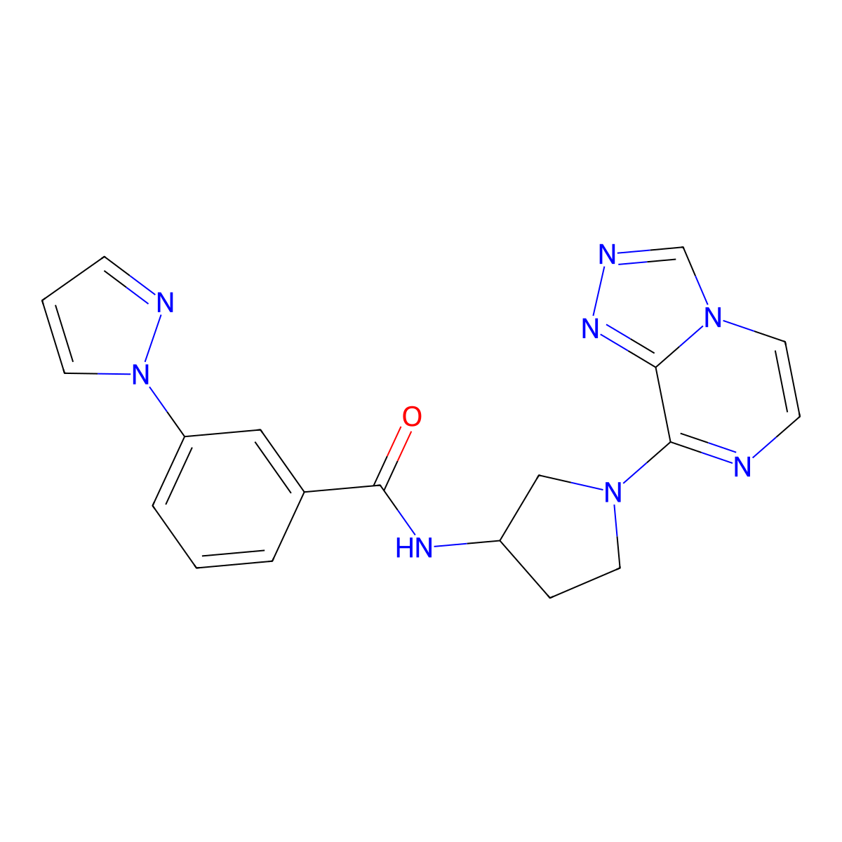N-(1-([1,2,4]triazolo[4,3-a]pyrazin-8-yl)pyrrolidin-3-yl)-3-(1H-pyrazol-1-yl)benzamide molecular structure, CAS 2034532-19-7