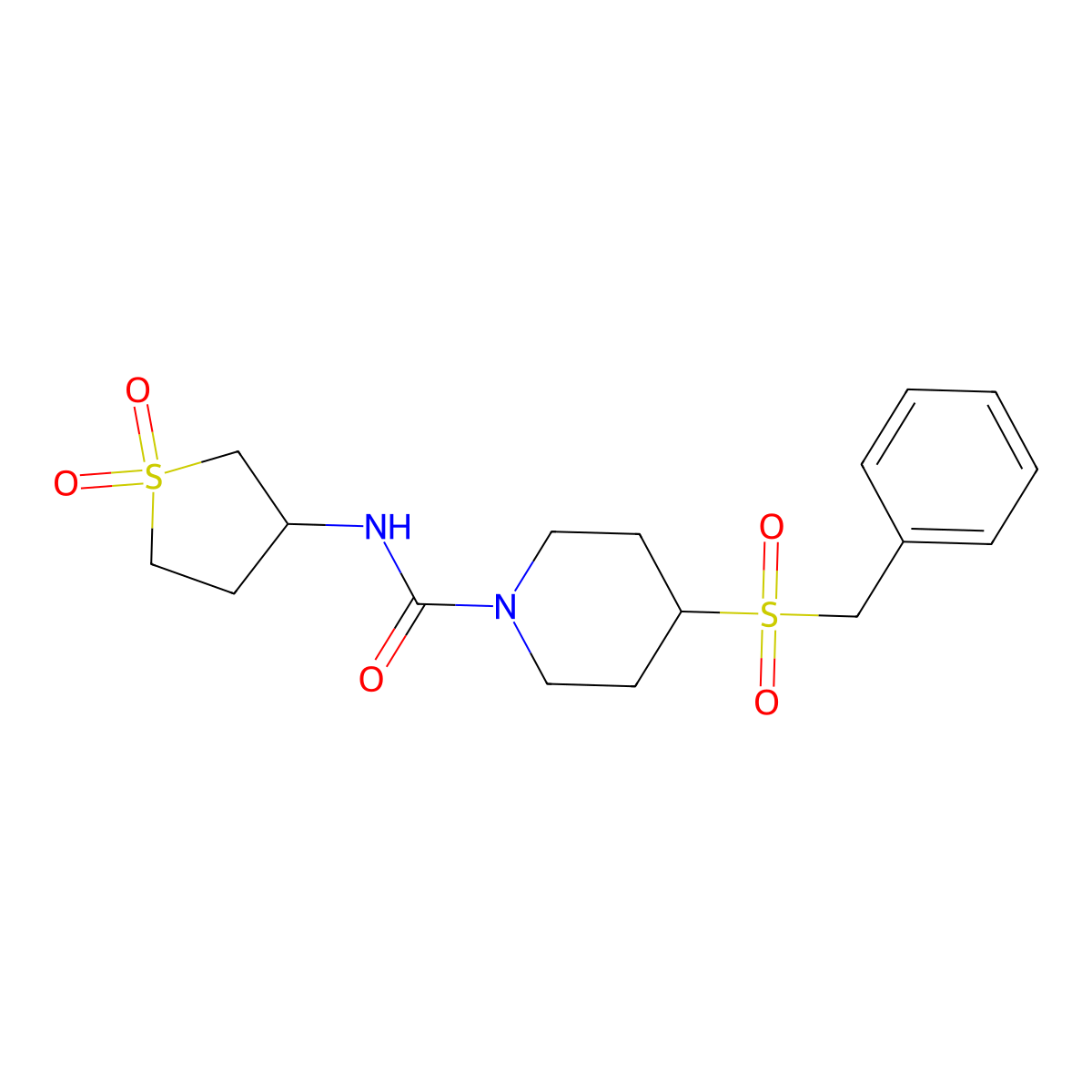 4-(benzylsulfonyl)-N-(1,1-dioxidotetrahydrothiophen-3-yl)piperidine-1-carboxamide molecular structure, CAS 2034532-24-4
