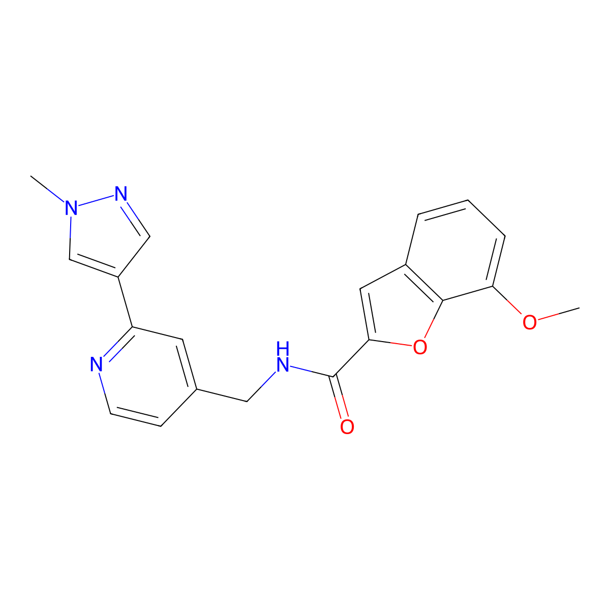 7-methoxy-N-((2-(1-methyl-1H-pyrazol-4-yl)pyridin-4-yl)methyl)benzofuran-2-carboxamide molecular structure, CAS 2034532-43-7
