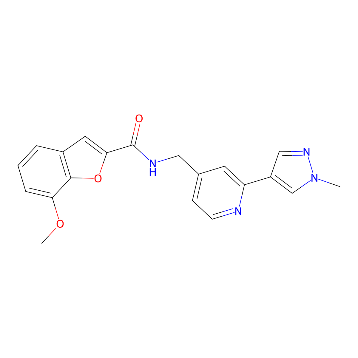 7-methoxy-N-((2-(1-methyl-1H-pyrazol-4-yl)pyridin-4-yl)methyl)benzofuran-2-carboxamide molecular structure, CAS 2034532-43-7