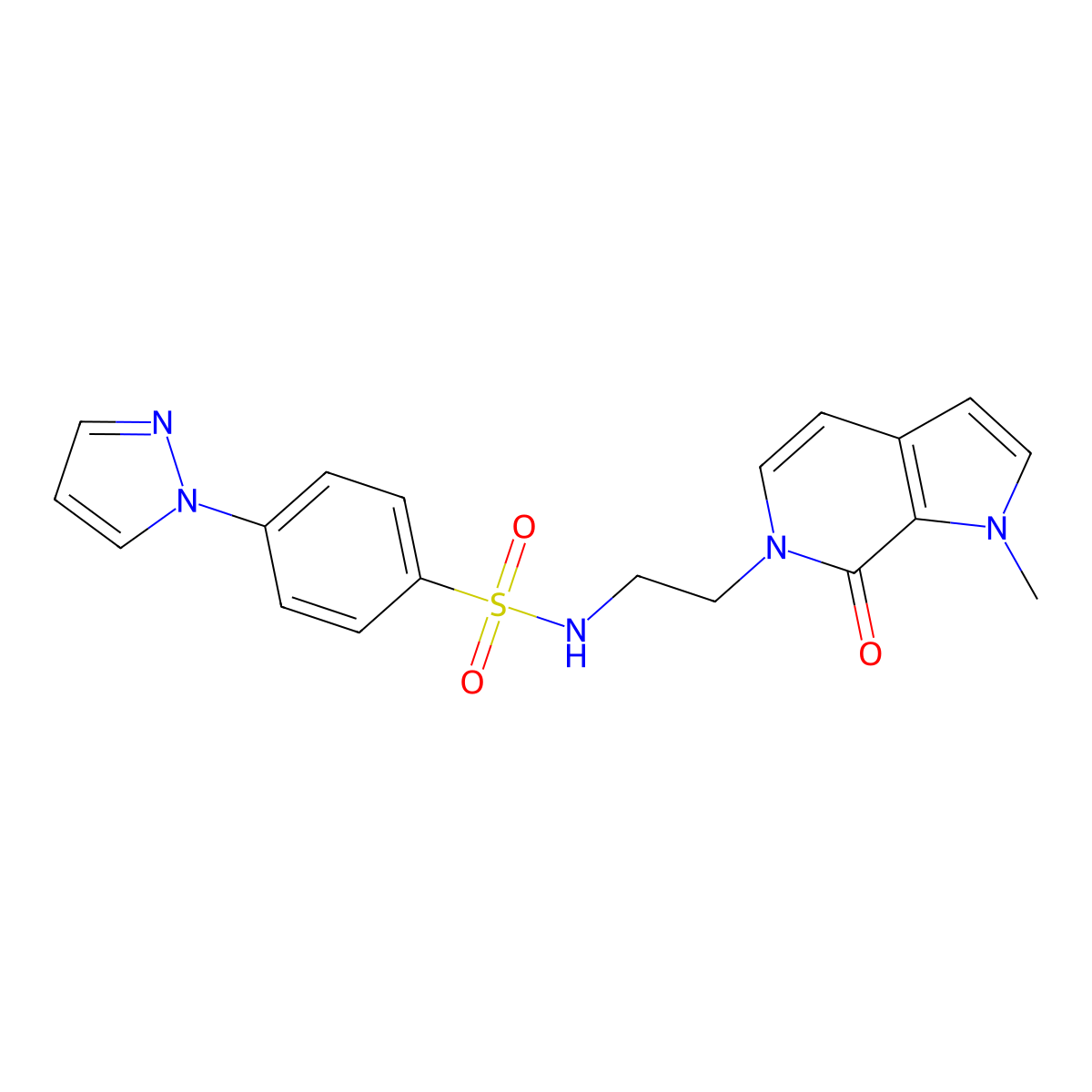 N-(2-(1-methyl-7-oxo-1H-pyrrolo[2,3-c]pyridin-6(7H)-yl)ethyl)-4-(1H-pyrazol-1-yl)benzenesulfonamide molecular structure, CAS 2034532-56-2