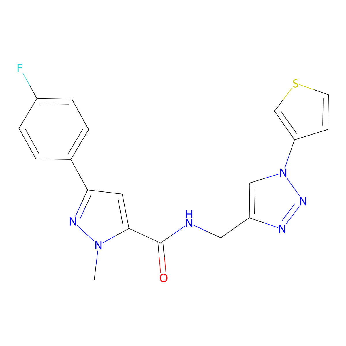 3-(4-fluorophenyl)-1-methyl-N-((1-(thiophen-3-yl)-1H-1,2,3-triazol-4-yl)methyl)-1H-pyrazole-5-carboxamide molecular structure, CAS 2034532-70-0