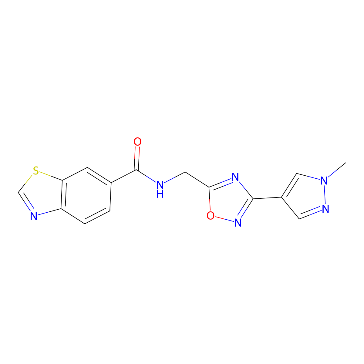 N-((3-(1-methyl-1H-pyrazol-4-yl)-1,2,4-oxadiazol-5-yl)methyl)benzo[d]thiazole-6-carboxamide molecular structure, CAS 2034532-72-2