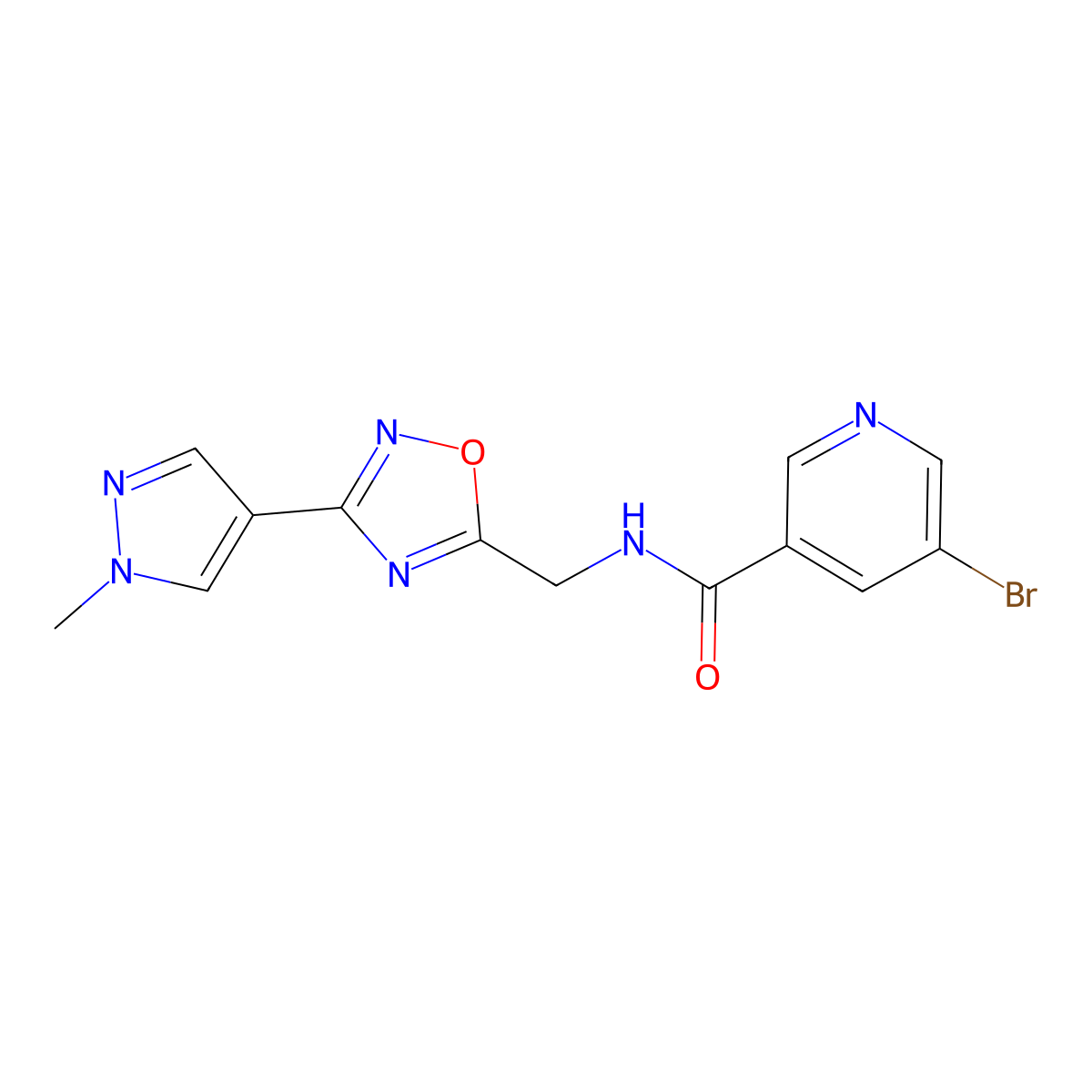 5-bromo-N-((3-(1-methyl-1H-pyrazol-4-yl)-1,2,4-oxadiazol-5-yl)methyl)nicotinamide molecular structure, CAS 2034532-84-6