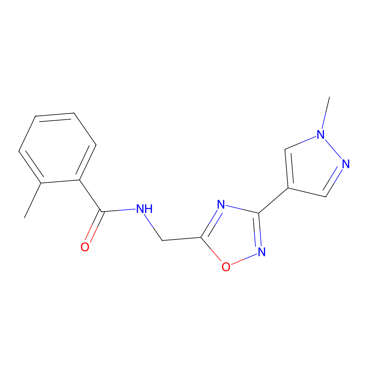 2-methyl-N-{[3-(1-methyl-1H-pyrazol-4-yl)-1,2,4-oxadiazol-5-yl]methyl}benzamide molecular structure, CAS 2034532-91-5