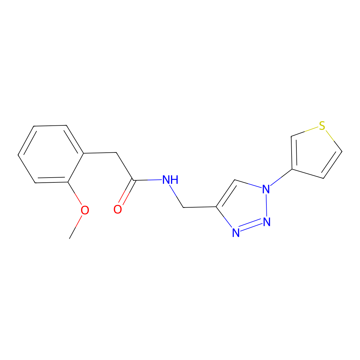 2-(2-methoxyphenyl)-N-{[1-(thiophen-3-yl)-1H-1,2,3-triazol-4-yl]methyl}acetamide molecular structure, CAS 2034532-92-6