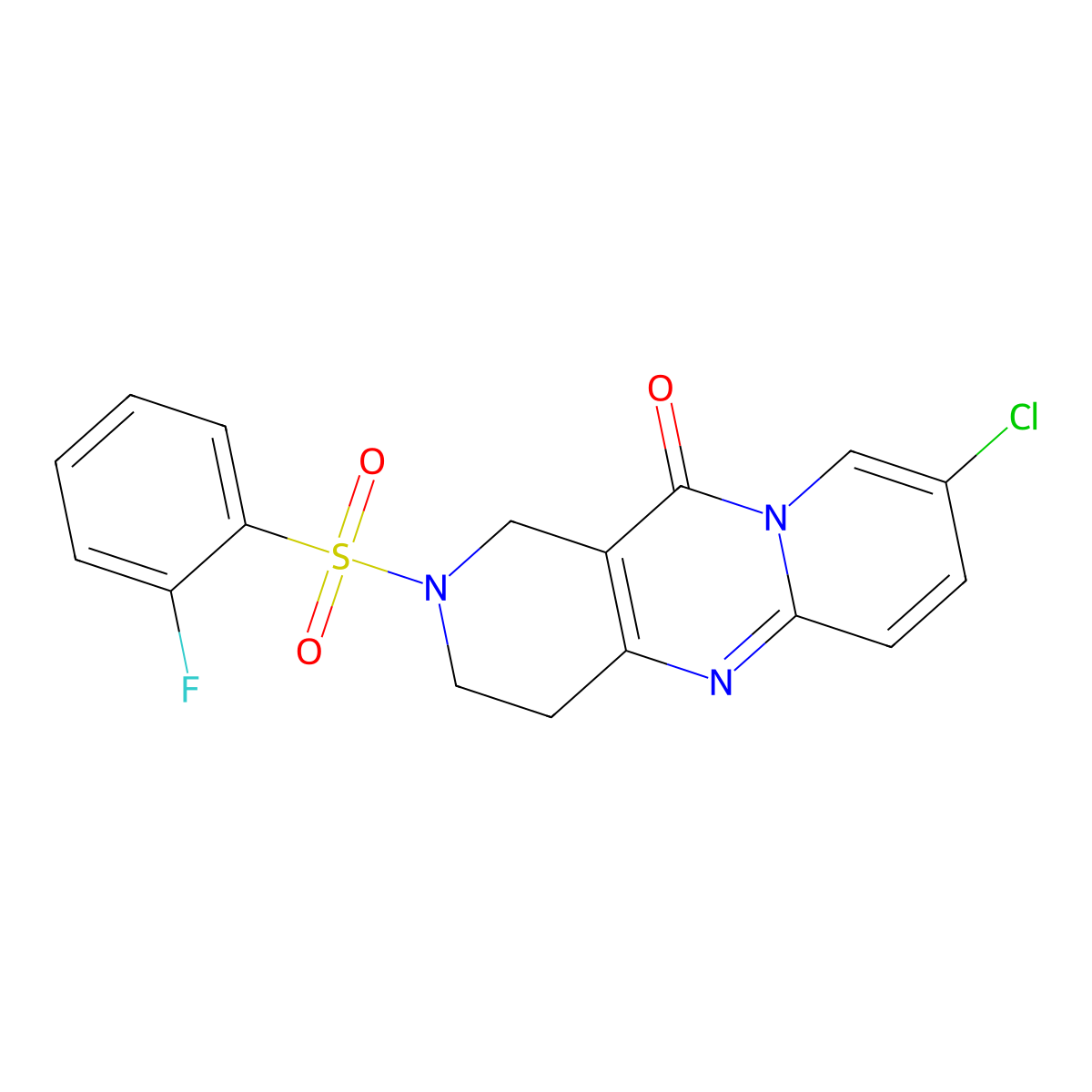 8-chloro-2-((2-fluorophenyl)sulfonyl)-3,4-dihydro-1H-dipyrido[1,2-a:4',3'-d]pyrimidin-11(2H)-one molecular structure, CAS 2034532-94-8