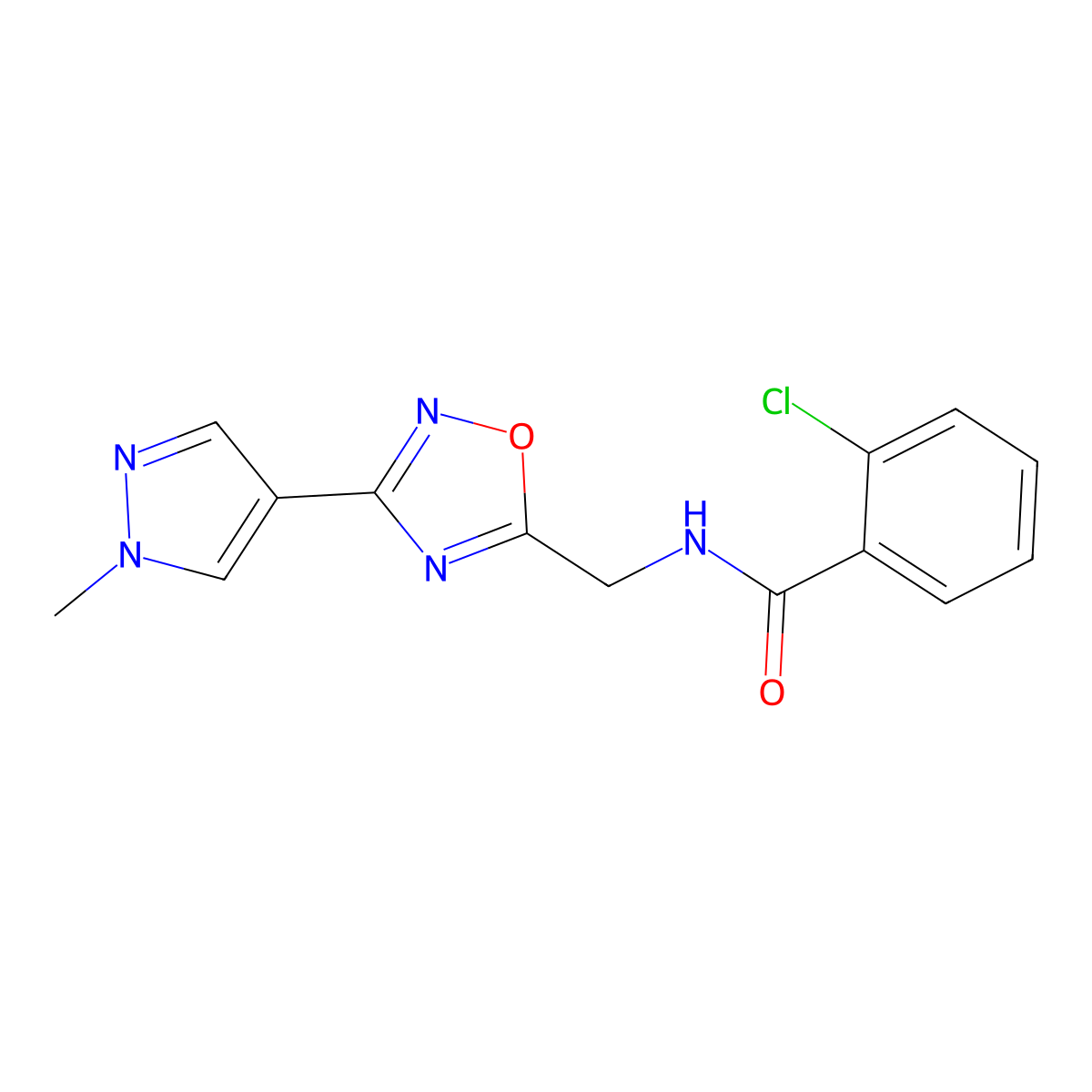 2-chloro-N-((3-(1-methyl-1H-pyrazol-4-yl)-1,2,4-oxadiazol-5-yl)methyl)benzamide molecular structure, CAS 2034532-98-2