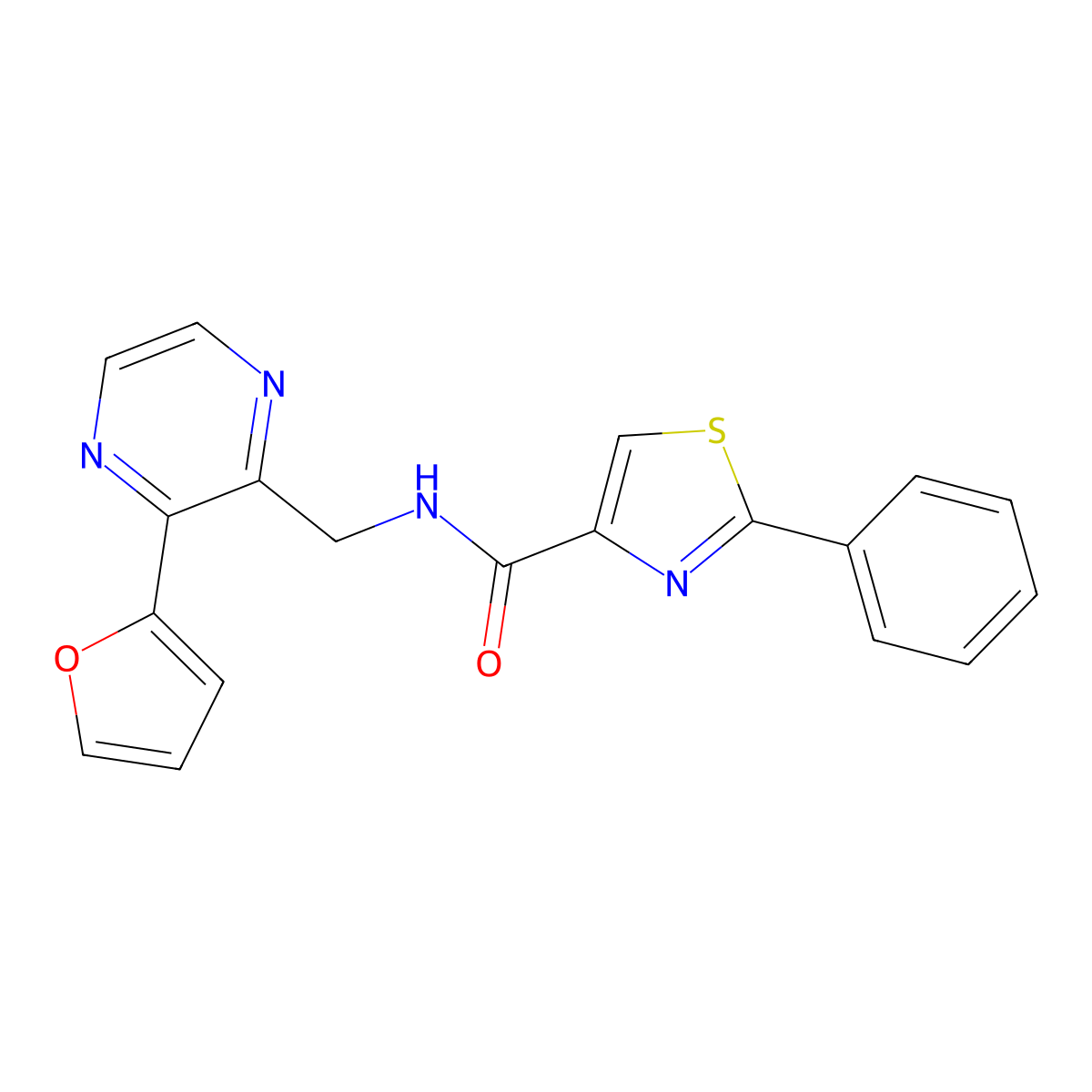 N-((3-(furan-2-yl)pyrazin-2-yl)methyl)-2-phenylthiazole-4-carboxamide molecular structure, CAS 2034533-00-9