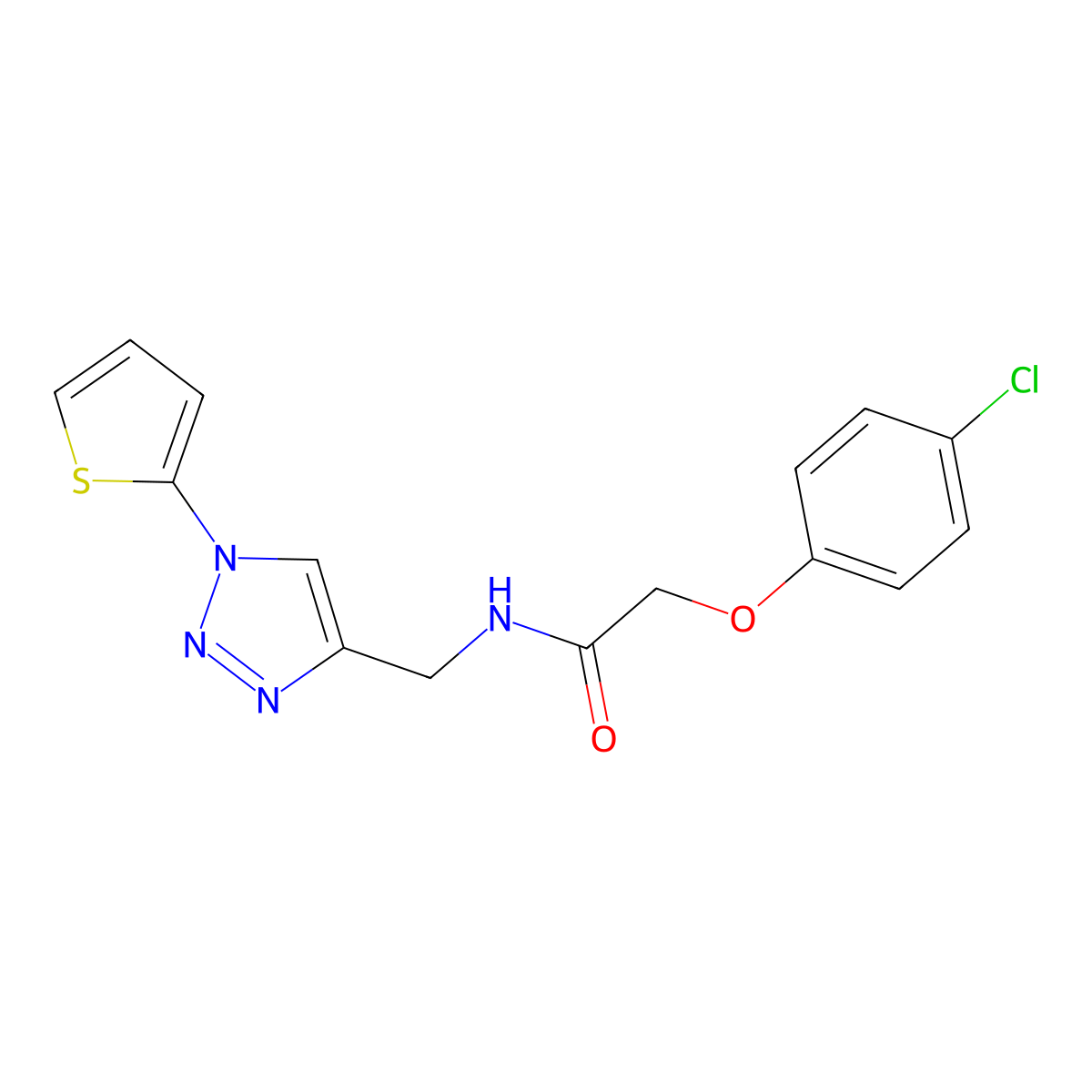 2-(4-chlorophenoxy)-N-((1-(thiophen-2-yl)-1H-1,2,3-triazol-4-yl)methyl)acetamide molecular structure, CAS 2034533-07-6
