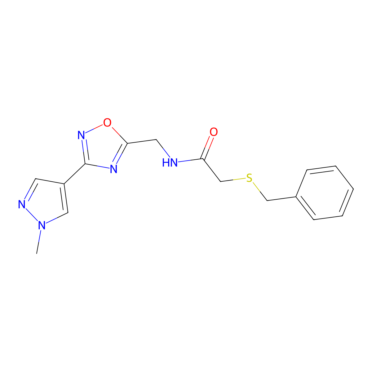 2-(benzylthio)-N-((3-(1-methyl-1H-pyrazol-4-yl)-1,2,4-oxadiazol-5-yl)methyl)acetamide molecular structure, CAS 2034533-08-7