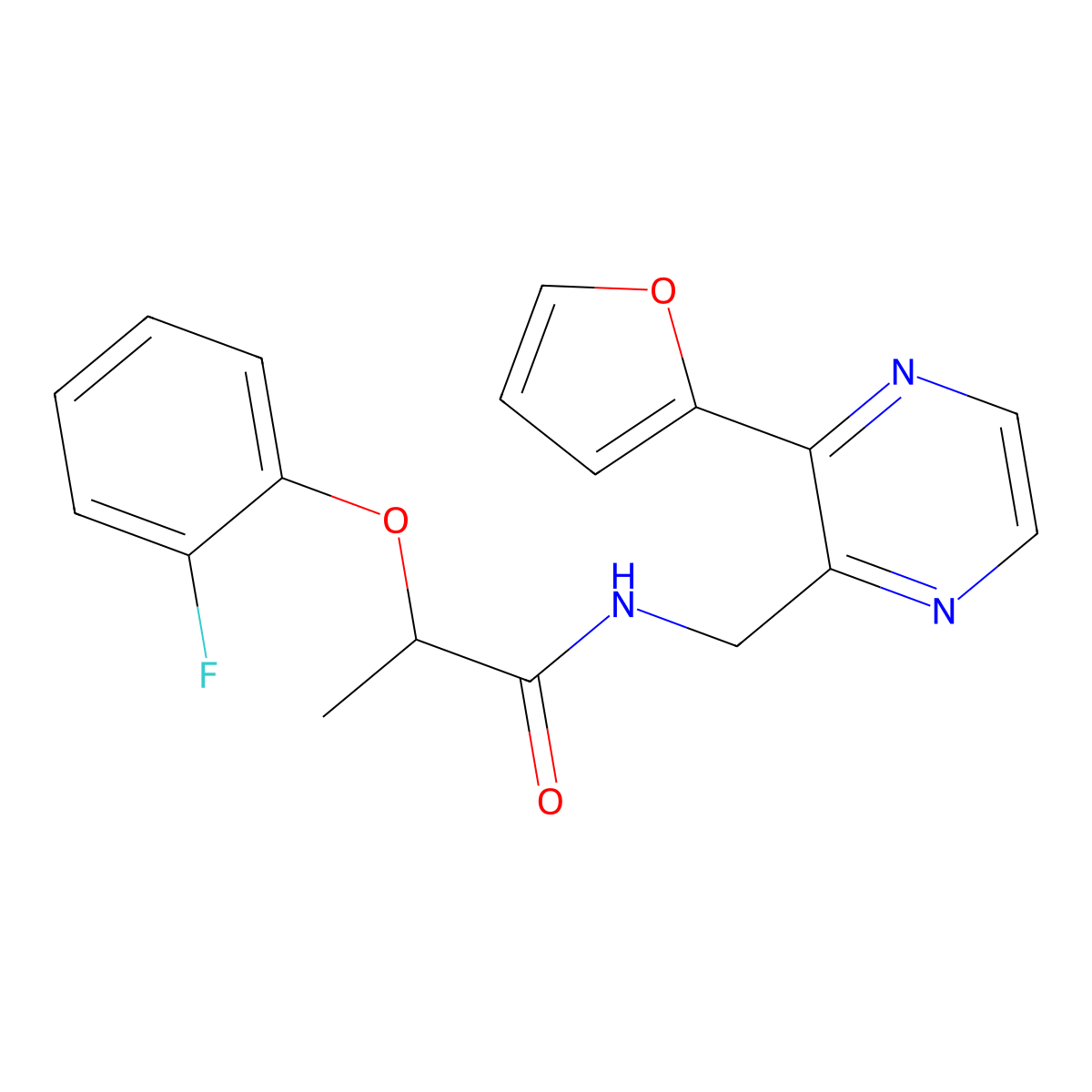 2-(2-fluorophenoxy)-N-((3-(furan-2-yl)pyrazin-2-yl)methyl)propanamide molecular structure, CAS 2034533-12-3