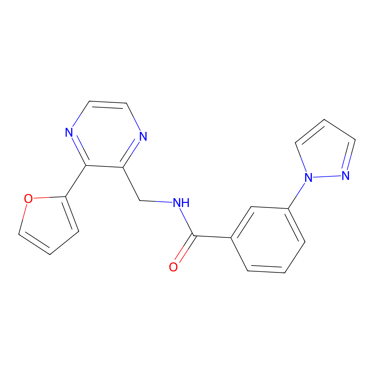 N-{[3-(furan-2-yl)pyrazin-2-yl]methyl}-3-(1H-pyrazol-1-yl)benzamide molecular structure, CAS 2034533-15-6