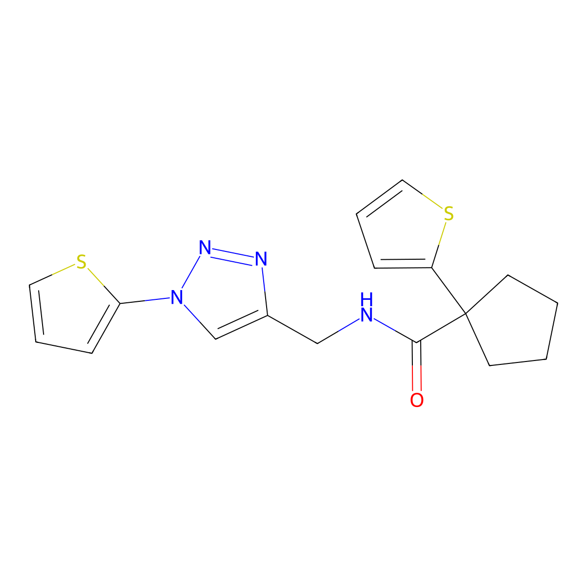 1-(thiophen-2-yl)-N-((1-(thiophen-2-yl)-1H-1,2,3-triazol-4-yl)methyl)cyclopentanecarboxamide molecular structure, CAS 2034533-19-0