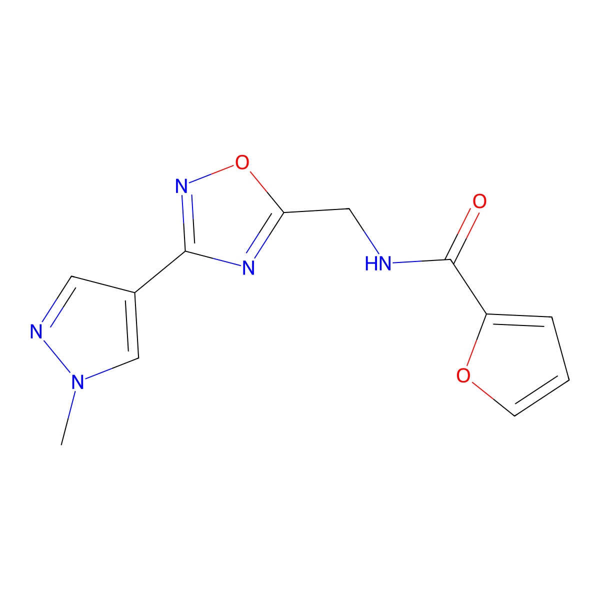 N-((3-(1-methyl-1H-pyrazol-4-yl)-1,2,4-oxadiazol-5-yl)methyl)furan-2-carboxamide molecular structure, CAS 2034533-20-3