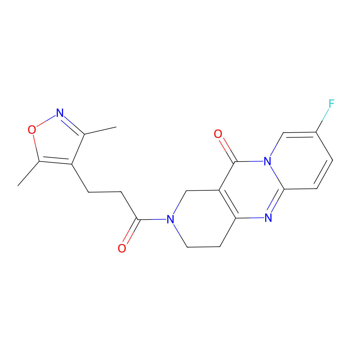 2-(3-(3,5-dimethylisoxazol-4-yl)propanoyl)-8-fluoro-3,4-dihydro-1H-dipyrido[1,2-a:4',3'-d]pyrimidin-11(2H)-one molecular structure, CAS 2034533-21-4