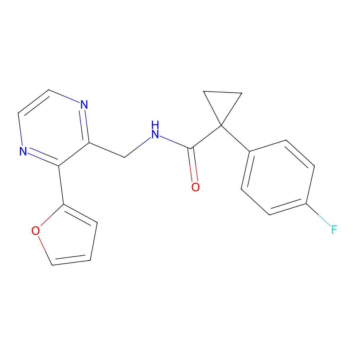 1-(4-fluorophenyl)-N-((3-(furan-2-yl)pyrazin-2-yl)methyl)cyclopropanecarboxamide molecular structure, CAS 2034533-23-6