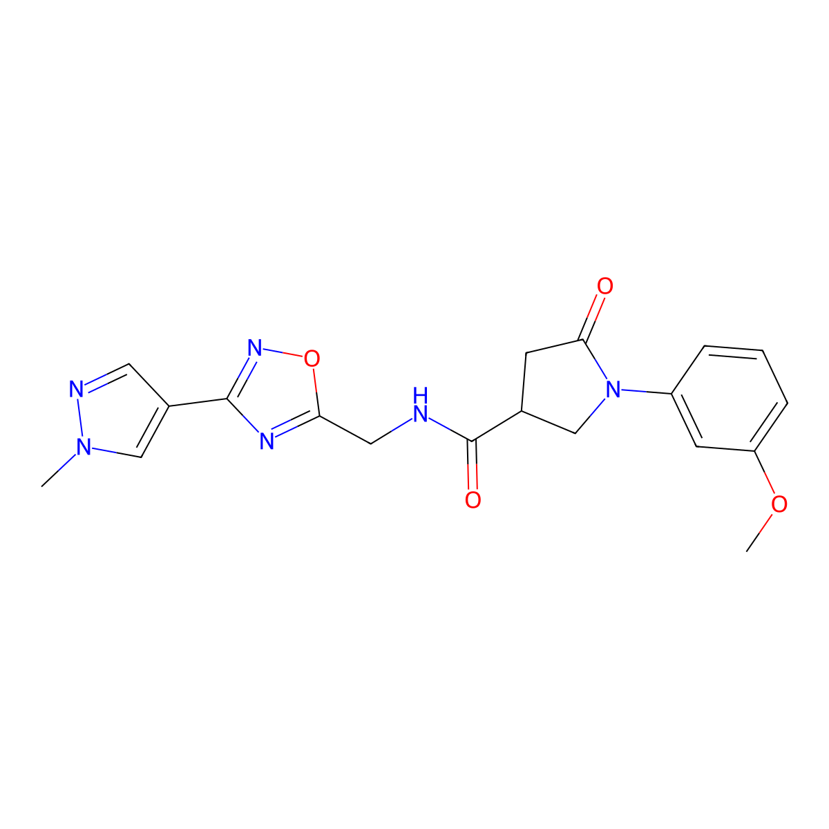 1-(3-methoxyphenyl)-N-{[3-(1-methyl-1H-pyrazol-4-yl)-1,2,4-oxadiazol-5-yl]methyl}-5-oxopyrrolidine-3-carboxamide molecular structure, CAS 2034533-28-1