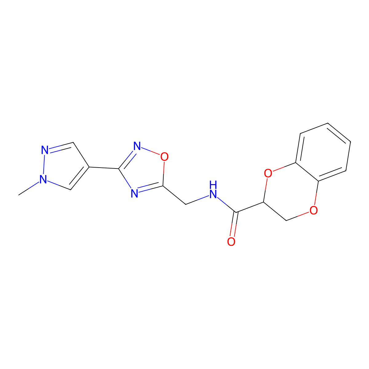 N-((3-(1-methyl-1H-pyrazol-4-yl)-1,2,4-oxadiazol-5-yl)methyl)-2,3-dihydrobenzo[b][1,4]dioxine-2-carboxamide molecular structure, CAS 2034533-37-2
