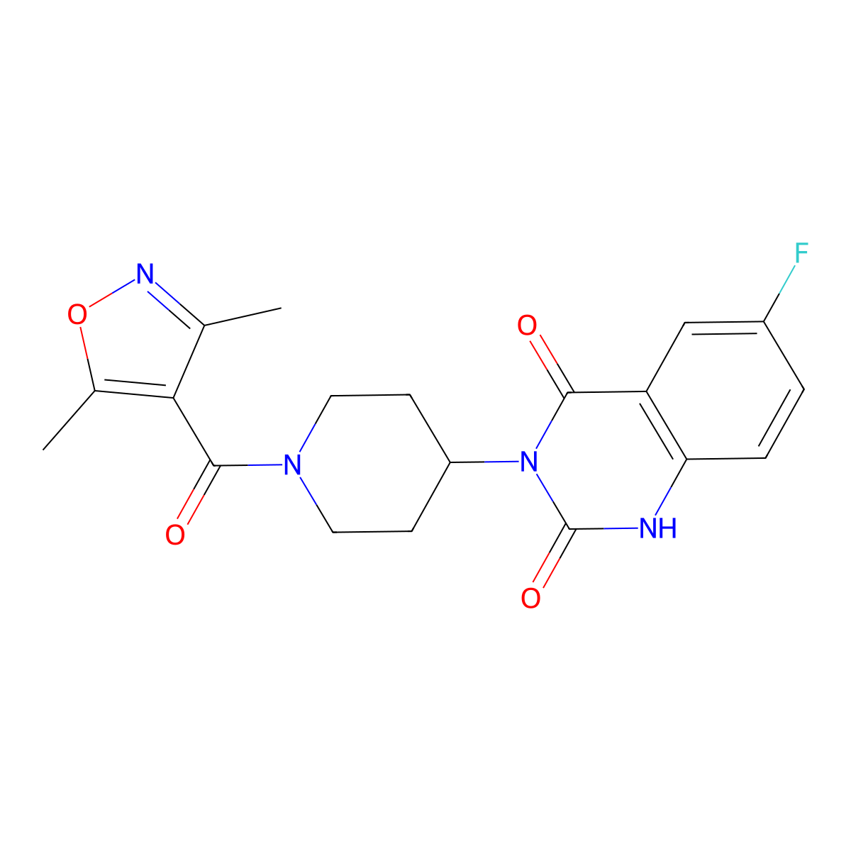 3-(1-(3,5-dimethylisoxazole-4-carbonyl)piperidin-4-yl)-6-fluoroquinazoline-2,4(1H,3H)-dione molecular structure, CAS 2034533-38-3