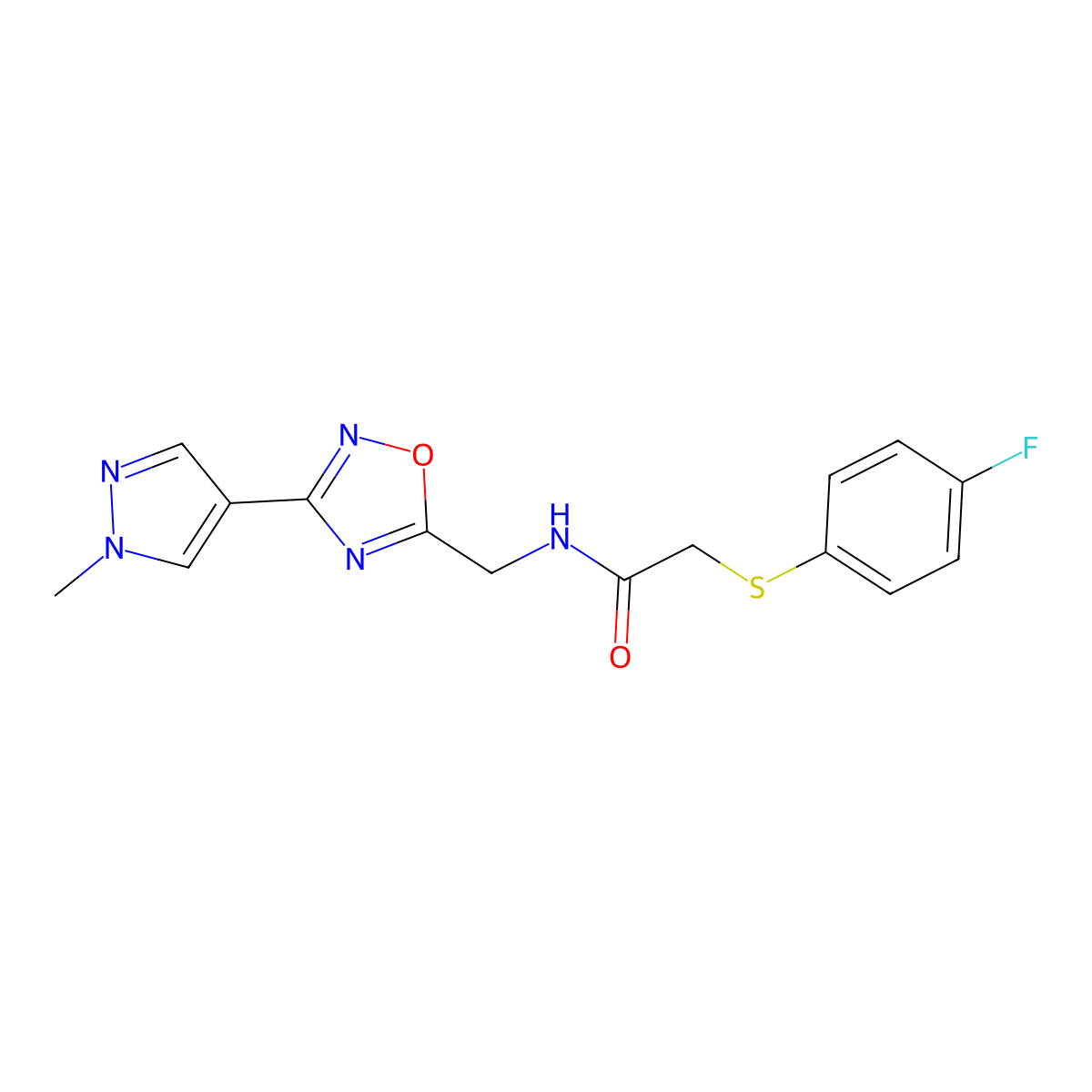 2-[(4-fluorophenyl)sulfanyl]-N-{[3-(1-methyl-1H-pyrazol-4-yl)-1,2,4-oxadiazol-5-yl]methyl}acetamide molecular structure, CAS 2034533-41-8